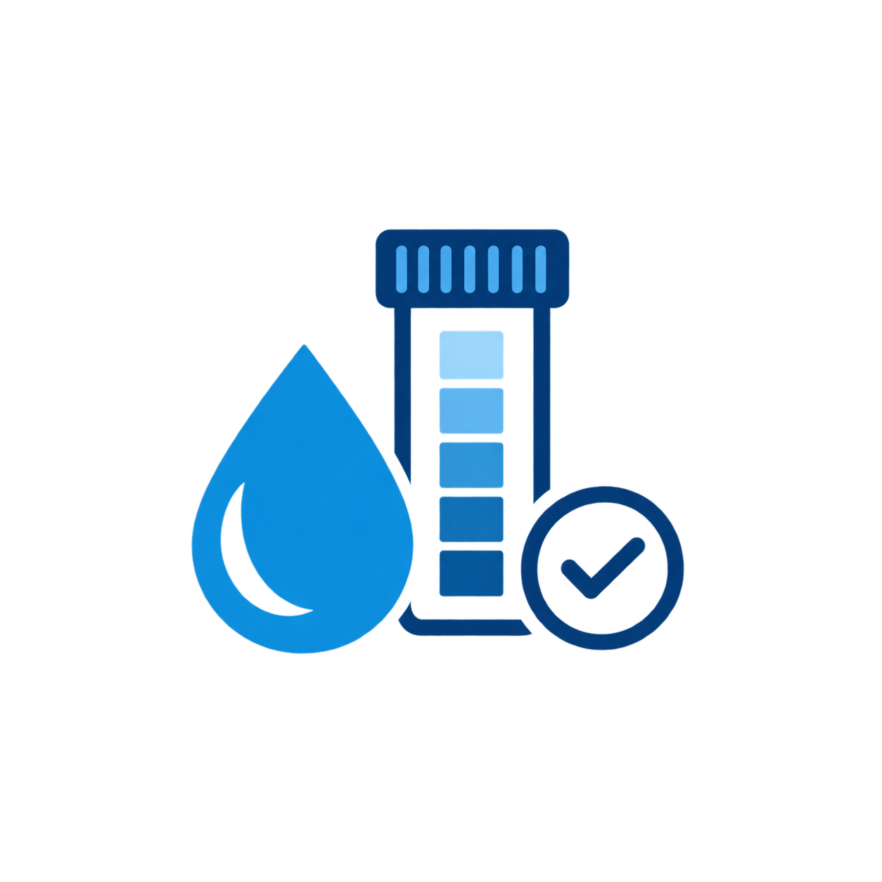 Blue graphic showing a water droplet, a thermometer, and a checkmark symbol.