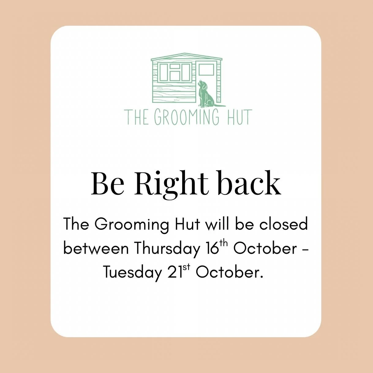 Just a quick message to let everyone know that I&rsquo;ll be closed from the 16th to the 21st of October.

During this time, I won&rsquo;t be available for bookings and messages/calls/texts may not be replied to until once I&rsquo;m back at work on t