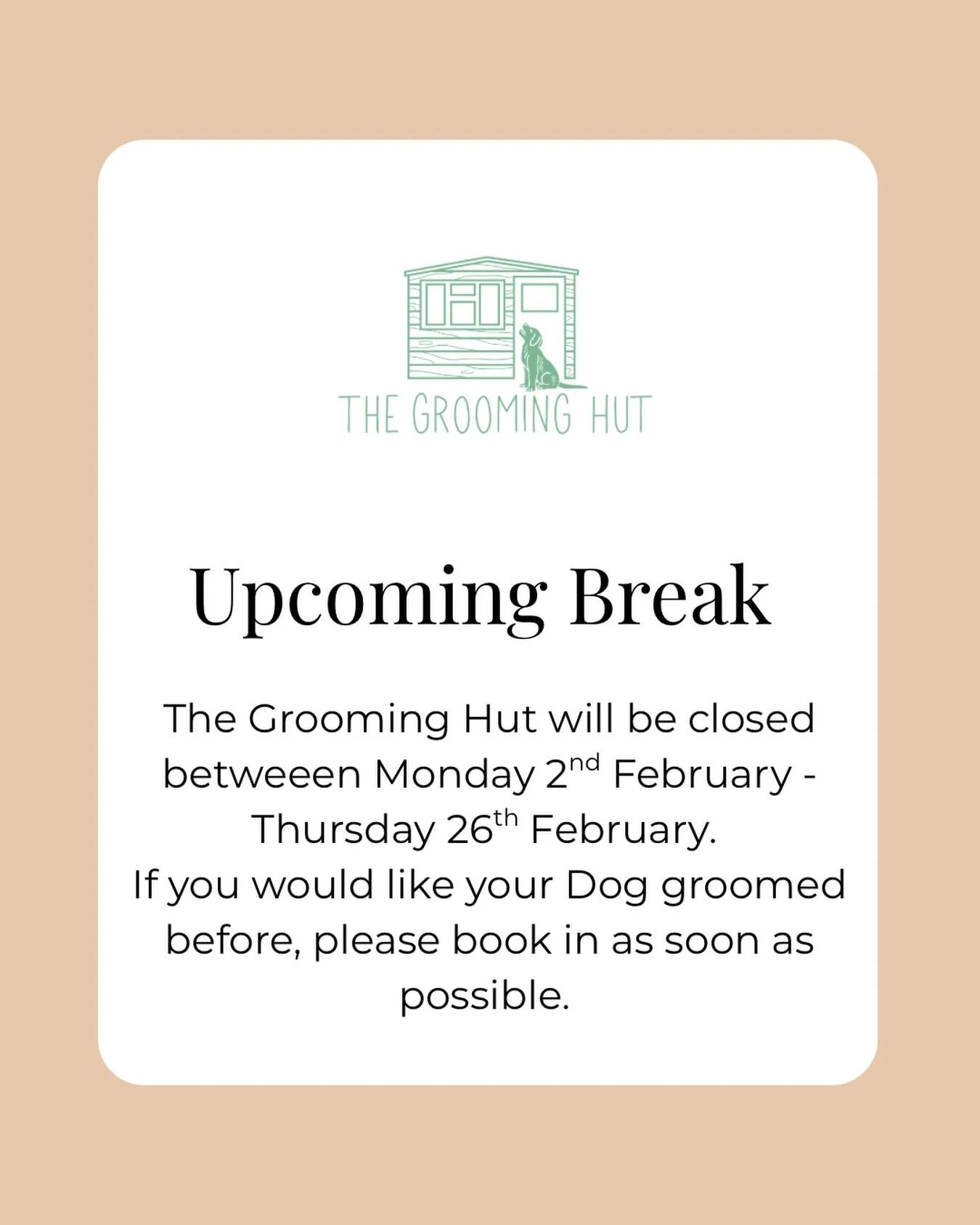 Please book in advance to avoid disappointment. 

📞 07349&nbsp;910906
✉️ info@thegroominghut.co.uk