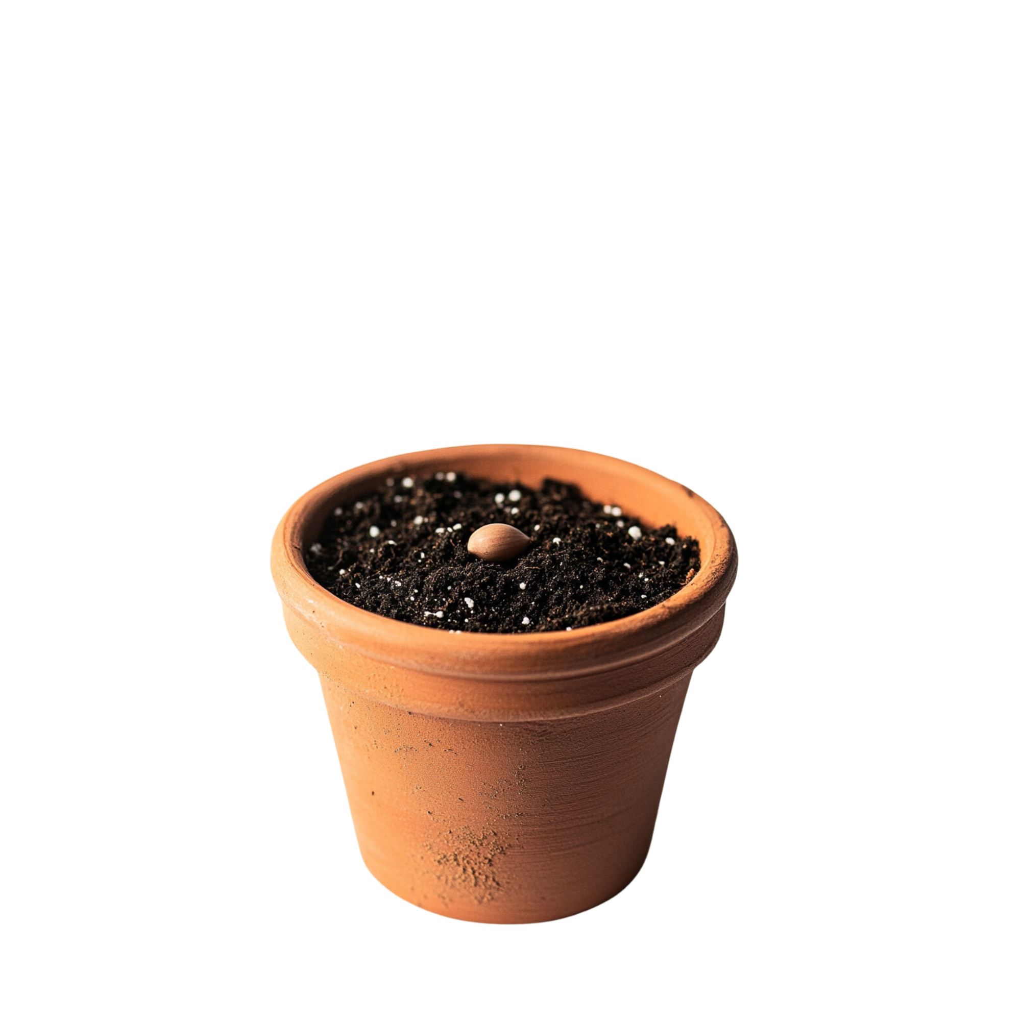 Small brown seed planted in a terracotta pot filled with soil.