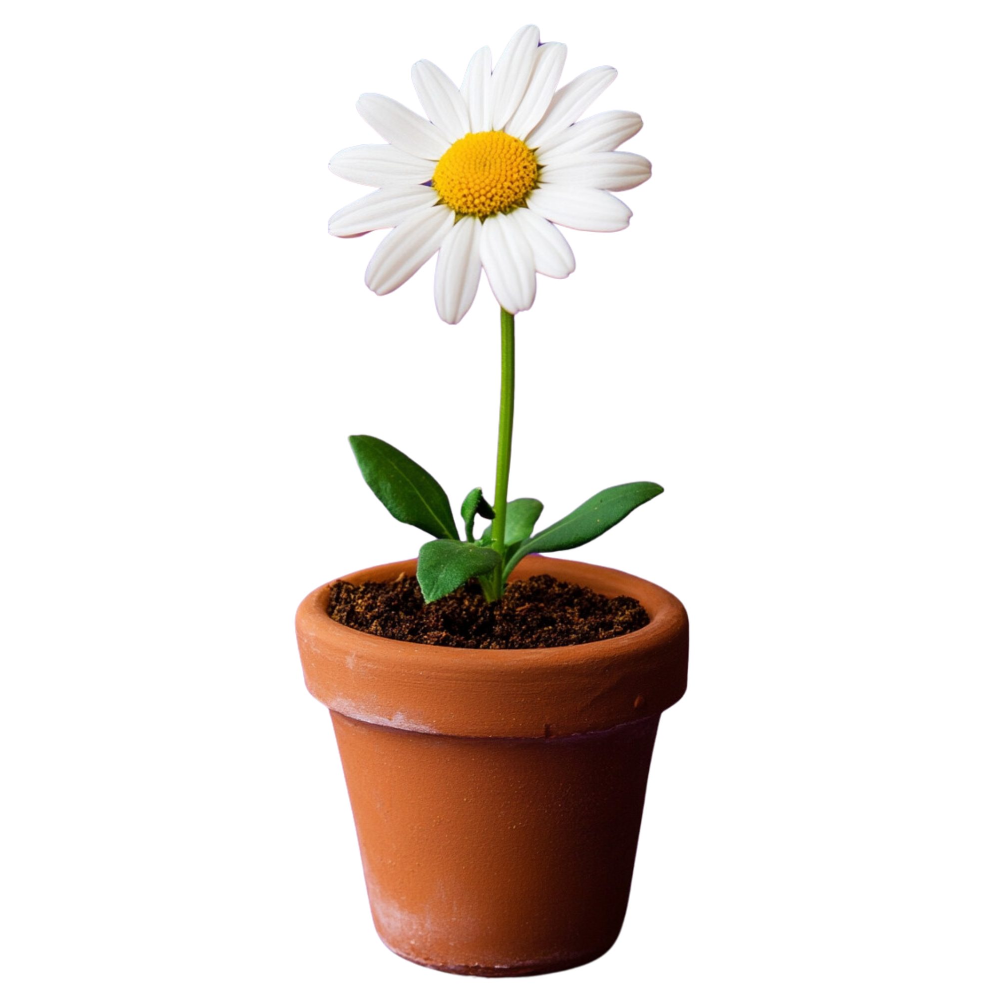 White daisy flower in a terracotta pot on a black background.