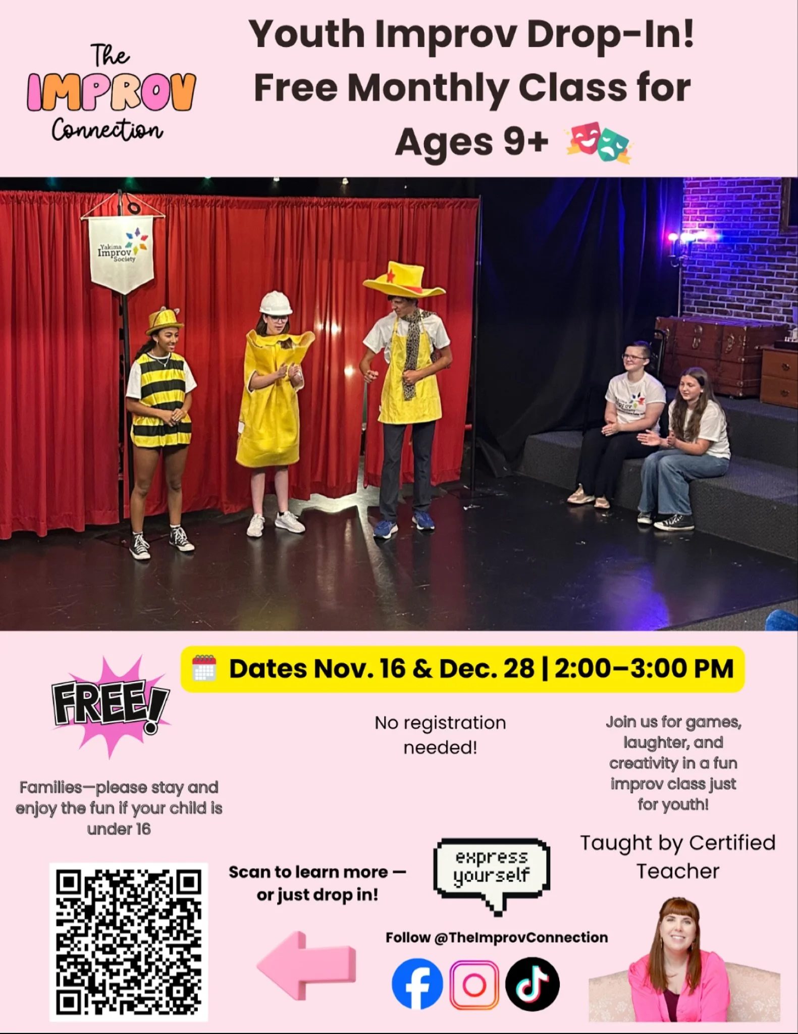 Heads up, improv friends!
Our Nov. 23 Youth Improv Drop-In has been rescheduled to Nov. 16 from 2&ndash;3 PM.
Same fun, laughter, and creativity &mdash; just a new date!
No registration needed &mdash; just drop in and play!
📍 @TheImprovConnection | 
