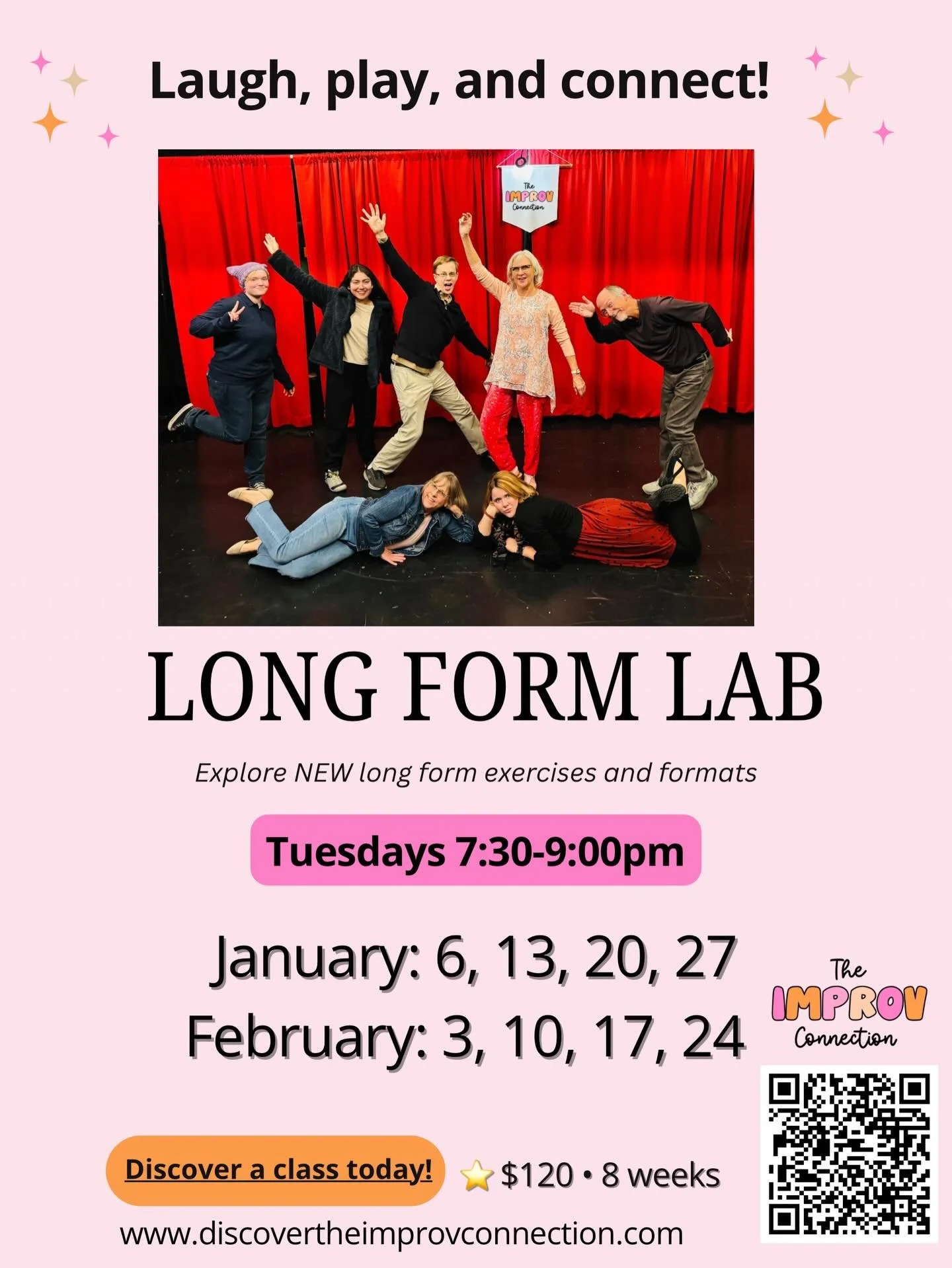 Ready to stretch your improv muscles even further? Long Form Lab is where experienced players get to experiment, break patterns, and discover brand-new formats in a supportive, creative space.
In this lab-style class, you&rsquo;ll:
✨ Explore new long