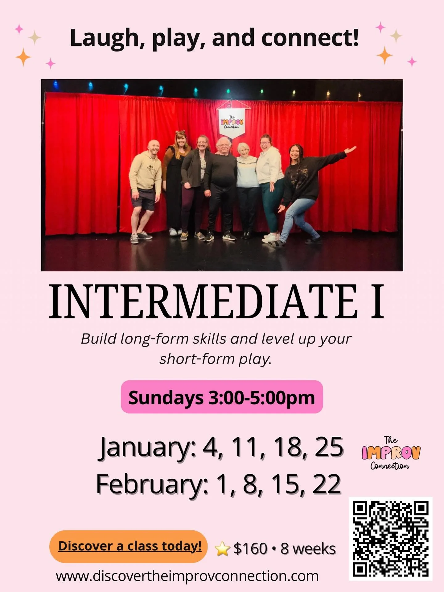 You&rsquo;ve dipped your toes into improv &mdash; now it&rsquo;s time to level up! Intermediate I is where your confidence grows, your scenes deepen, and the fun gets even richer.
In this next step, you&rsquo;ll:
✨ Strengthen your long-form skills
✨ 