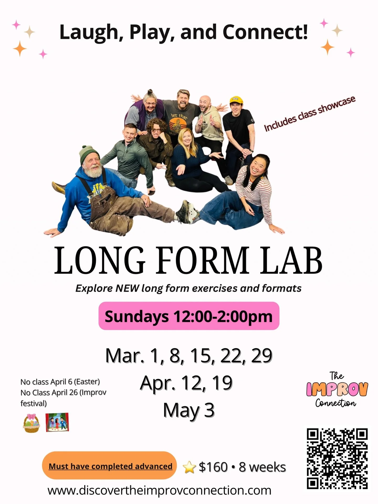 Ready to experiment, take creative risks, and stretch your long-form muscles? 🧠 💪 

Long Form Lab is for advanced improvisers who want to explore new formats, structures, and exercises&mdash;with the freedom to play, fail, and discover together. Th