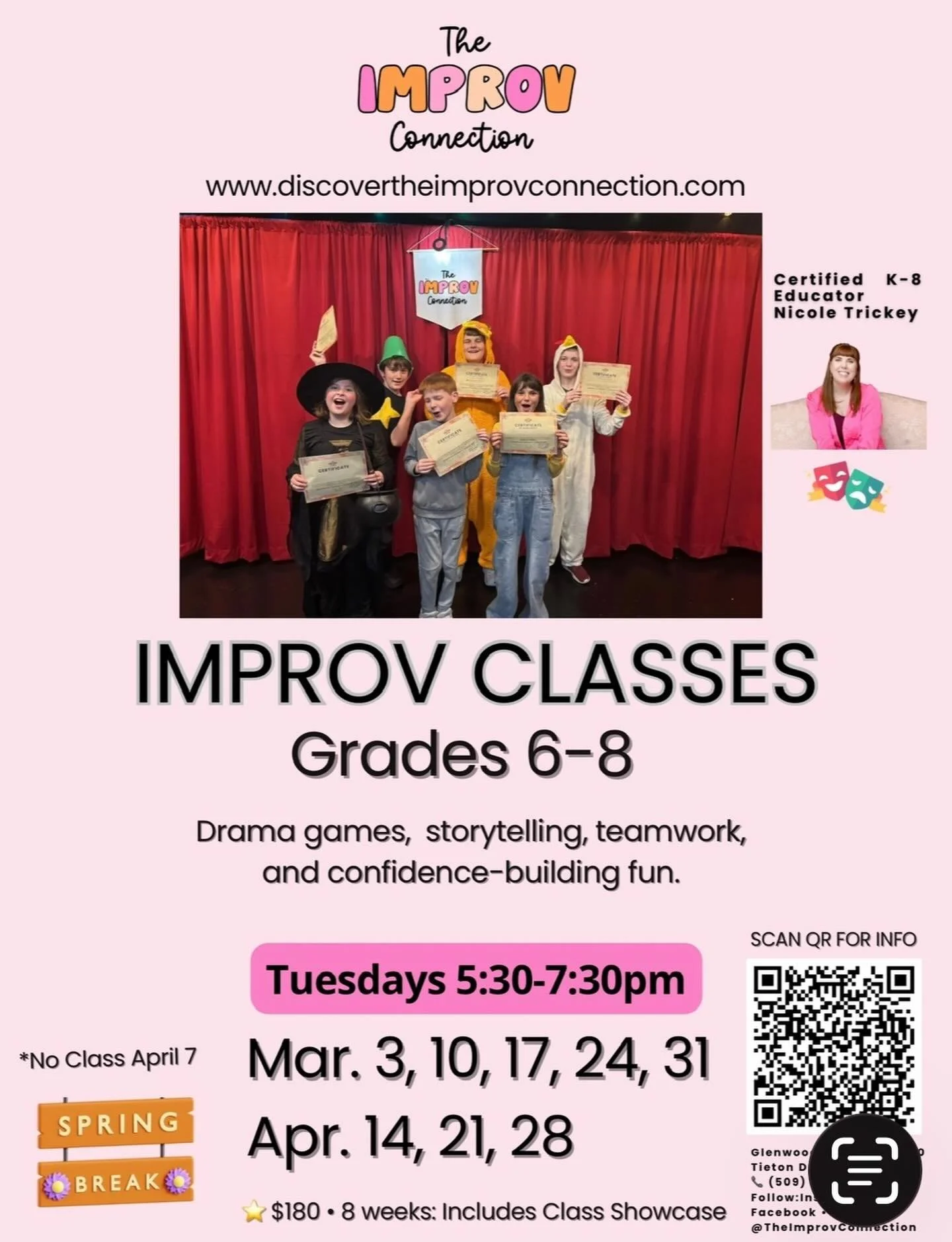 Don&rsquo;t miss out! 🎭✨
Improv Classes for Grades 6&ndash;8 are starting soon!
Tuesdays 5:30&ndash;7:30pm &bull; 8 weeks &bull; $180 
Includes a class showcase!
Confidence, creativity, teamwork&mdash;and tons of fun!
Spots are limited, so grab your