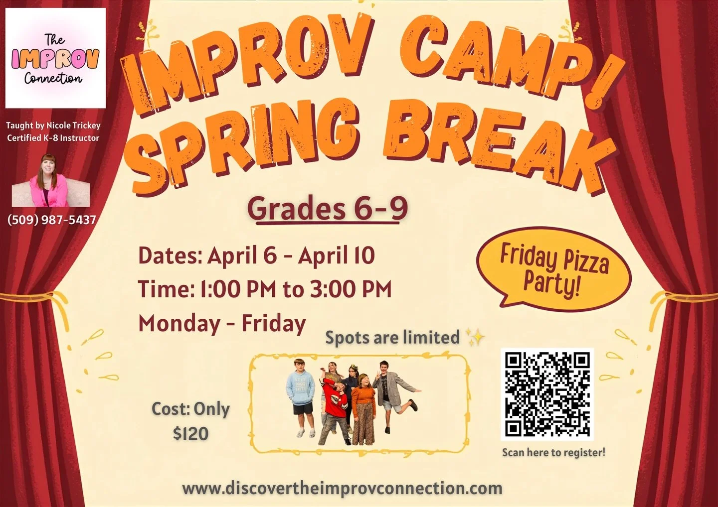 🌸 This Just In! ✨

I&rsquo;m so excited to announce my Spring Break Improv Camp! 🎭

Join us for a week of theatre games, creativity, laughter, and imagination. It&rsquo;s the perfect way for kids to enjoy a fun, screen-free spring break while build
