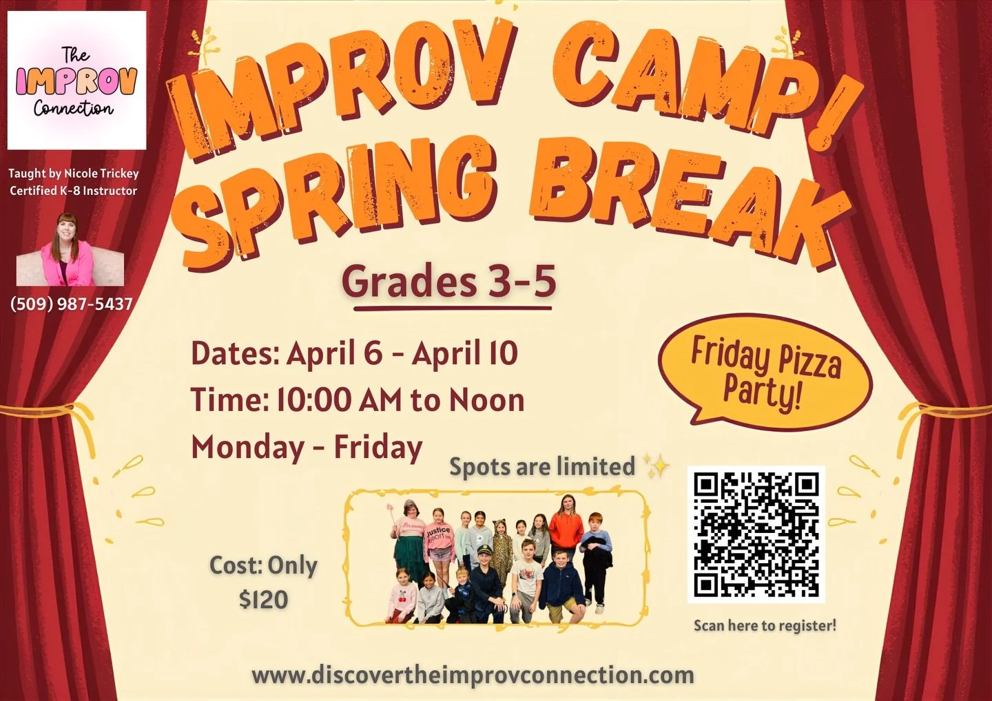 🌸 This Just In! ✨

I&rsquo;m so excited to announce my Spring Break Improv Camp! 🎭

Join us for a week of theatre games, creativity, laughter, and imagination. It&rsquo;s the perfect way for kids to enjoy a fun, screen-free spring break while build