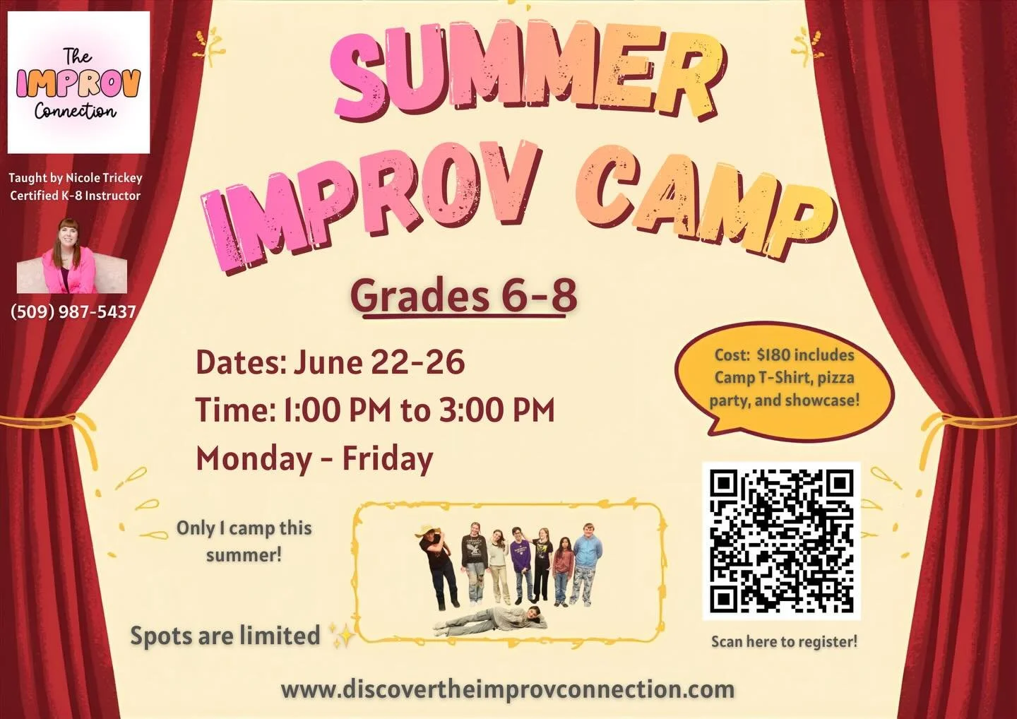 Are you looking for something fun to start the summer off?! Middle School Improv Camp is the place to be! ☀️ Spots are limited. So secure your spot today! 😊 https://www.discovertheimprovconnection.com/classes/p/summer-improv-campgrades-6-8