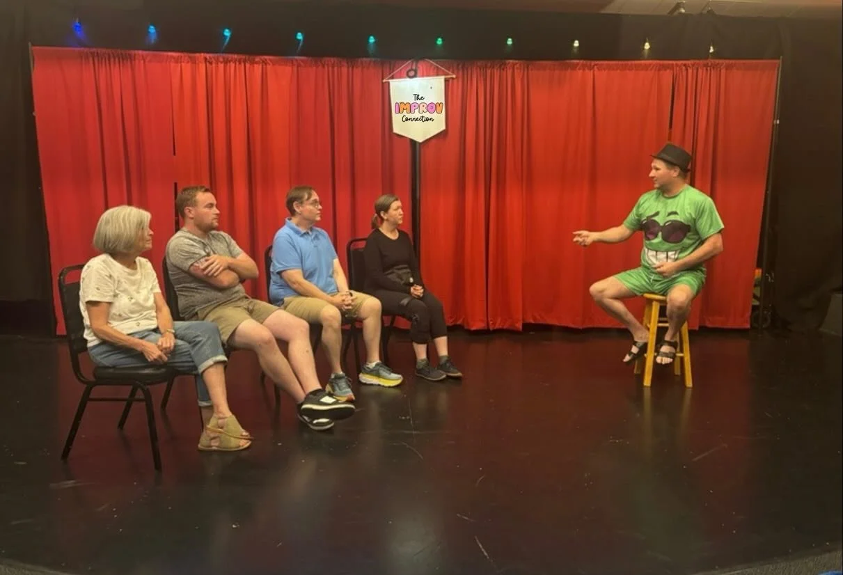 Last FREE Adult drop in improv class until September. They look so serious in these pictures but it was part of the games. Seen here are the games Job Interview and Good, Bad, Worst Advice. Thank you to everyone who came out to try improv yesterday! 