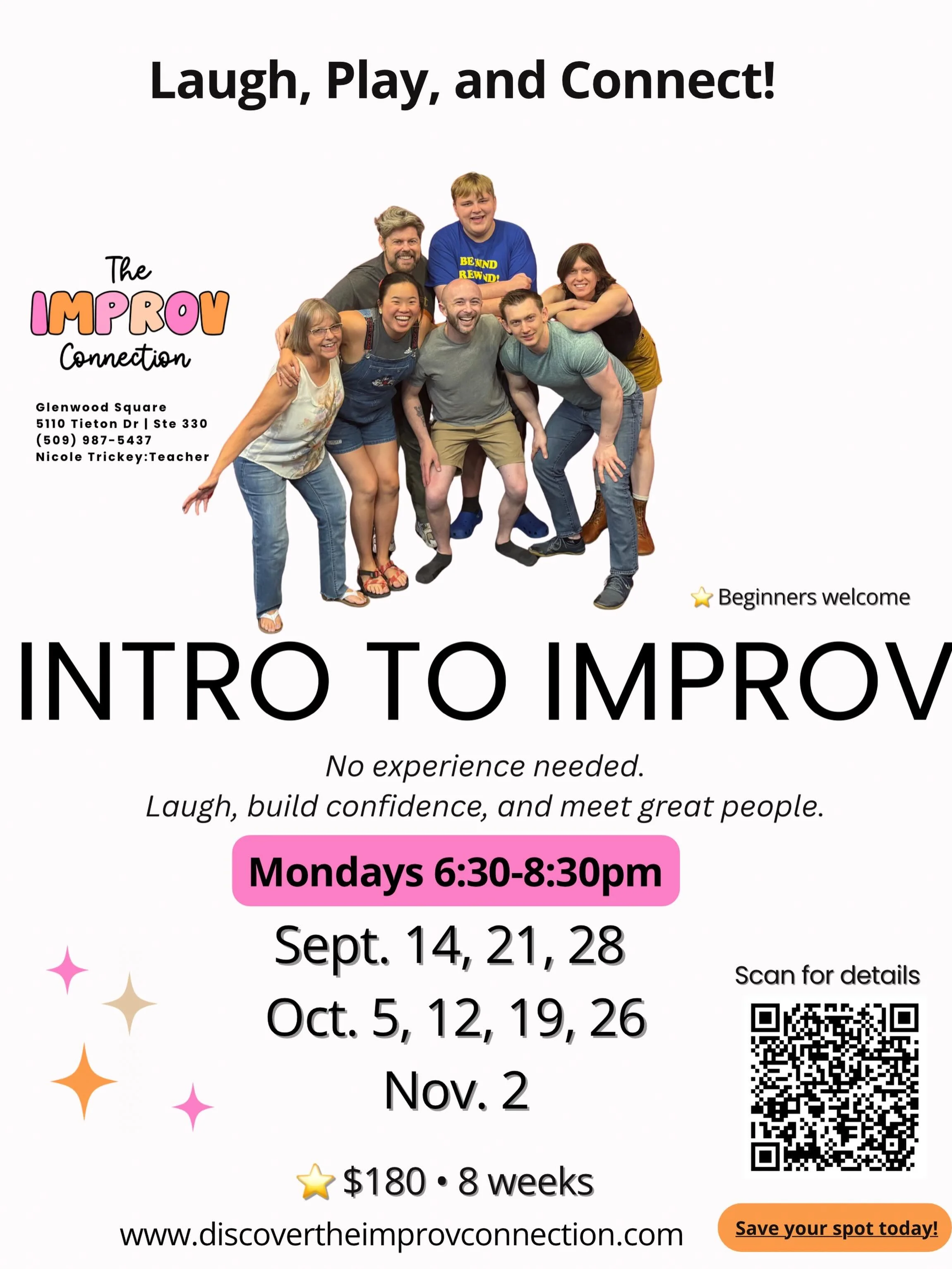 ☀️ Summer&rsquo;s still here&hellip; but our fall Intro to Improv class is already open for the planners 😉🎭

No experience needed &mdash; just come laugh, play, build confidence, and meet great people. 💛

✨ Mondays 6:30&ndash;8:30pm
✨ Starts Sept.