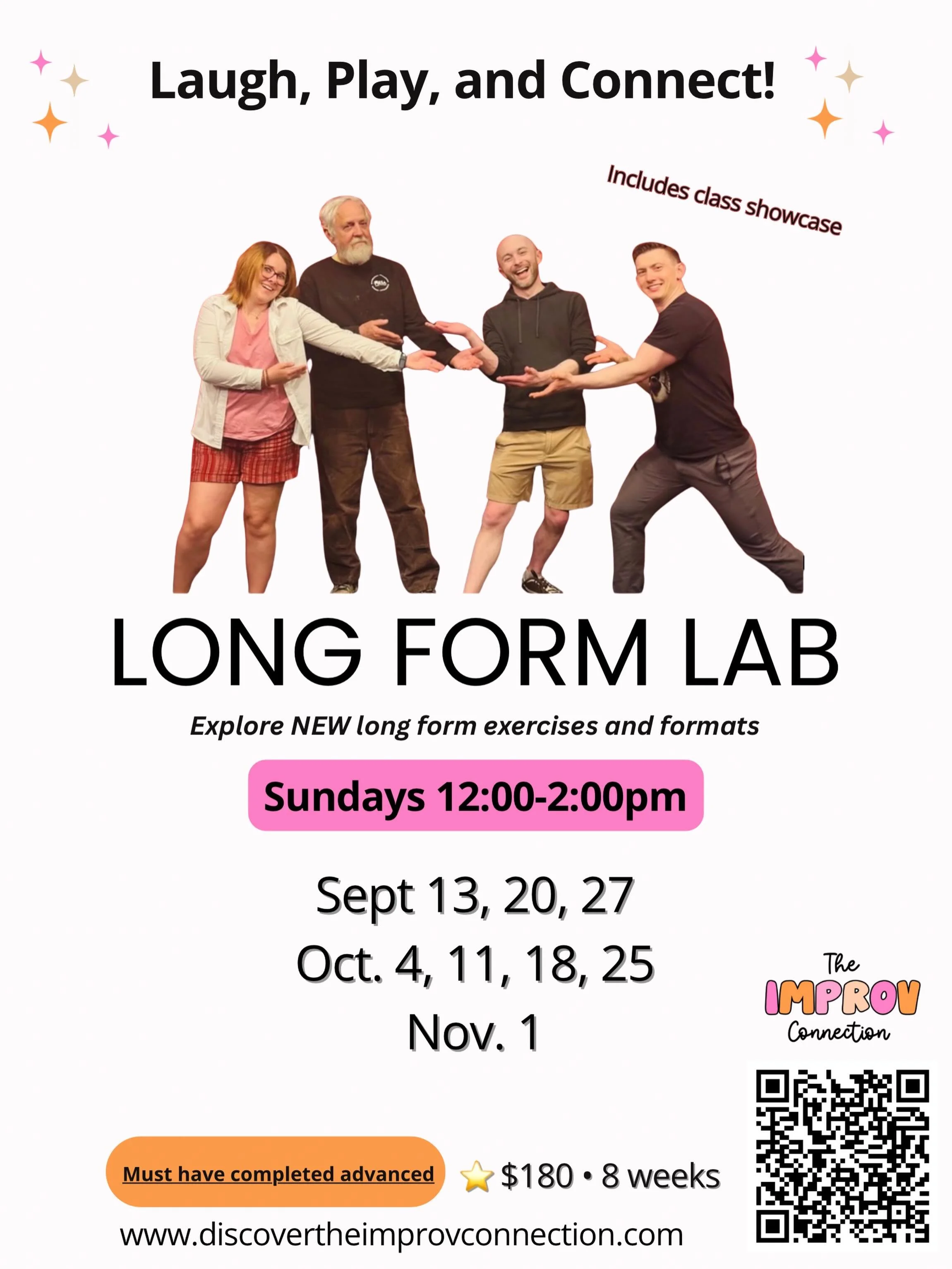 Ready to explore NEW long form exercises and formats? This class is designed for experienced improvisers who want to keep growing, experimenting, and playing. 💛
Must have completed advanced improv
✨ Sundays 12:00&ndash;2:00pm
✨ Starts Sept. 13
✨ 8 w