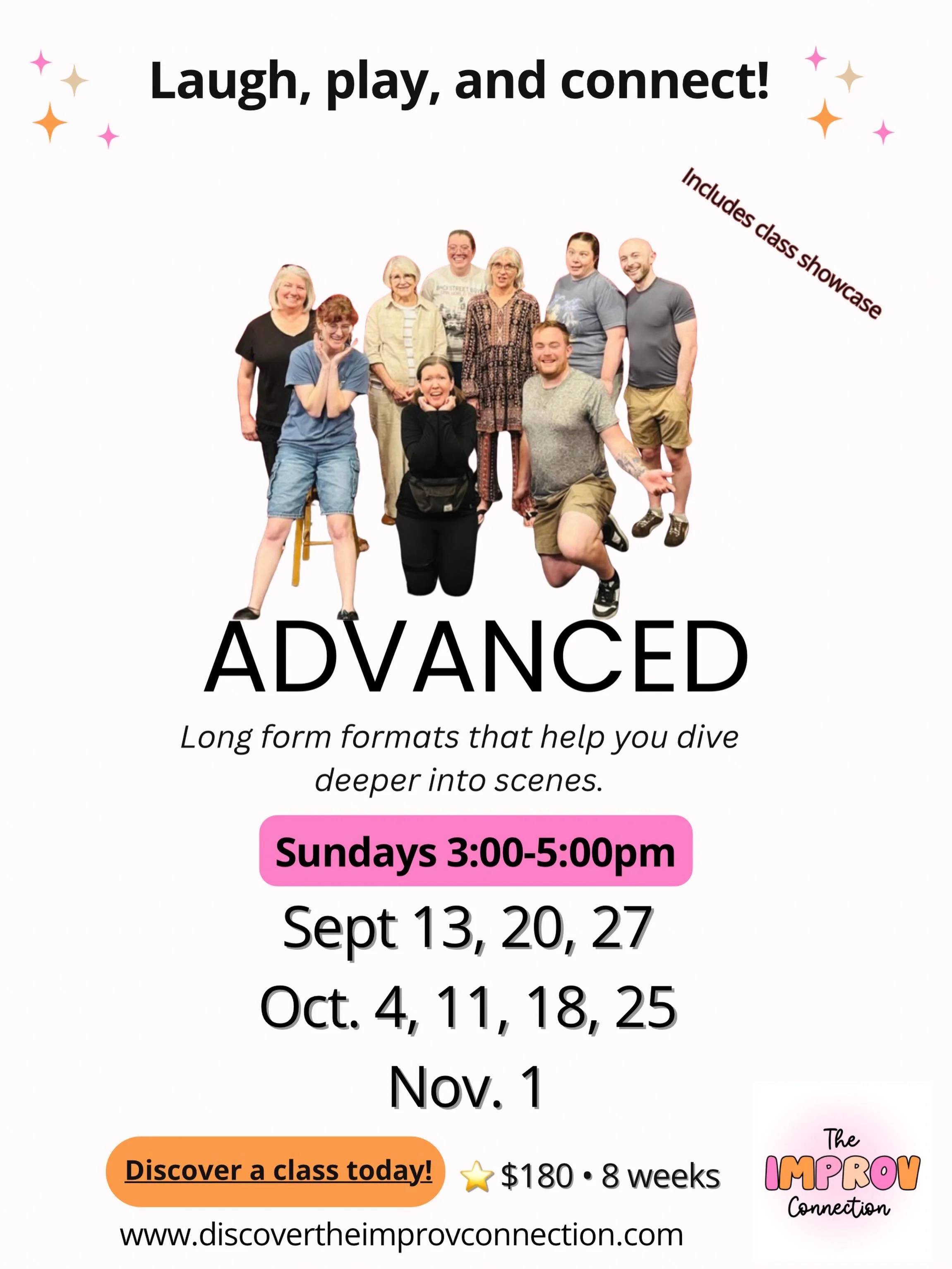 Ready to dive deeper into scenes and explore long form improv? This 8-week class includes a class showcase and is perfect for improvisers ready for the next step. 💛

Must have completed Intermediate II.
✨ Sundays 3:00&ndash;5:00pm
✨ Starts Sept. 13
