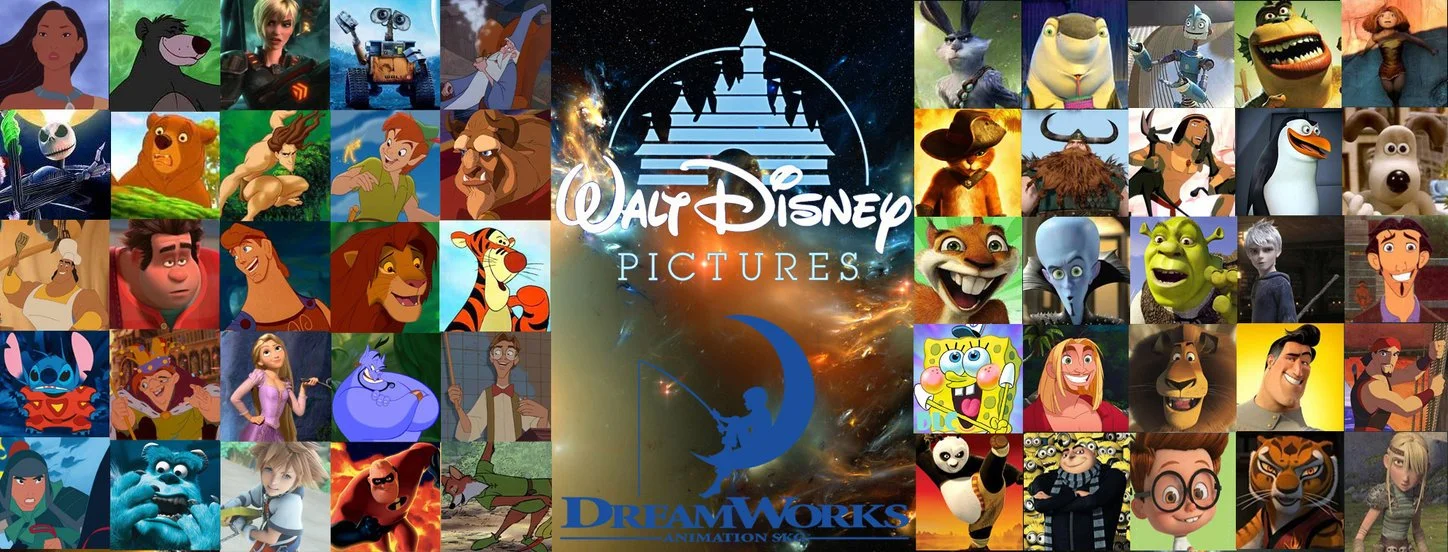 A collage of animated characters created by Disney and Dreamworks Animation