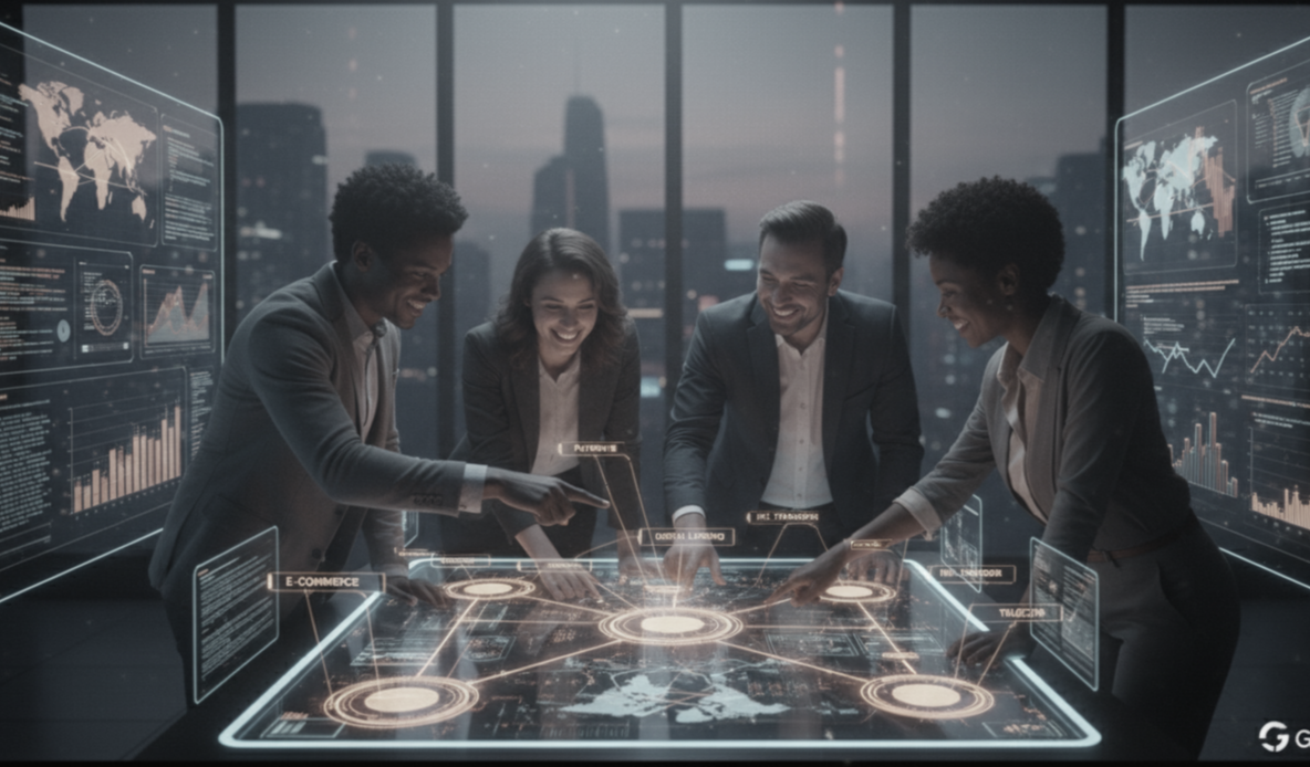A blue background with white paper boats arranged in a grid on the right side. Five colorful paper boats (orange, yellow, yellow, yellow, yellow) are diagonally positioned and appear to be moving away from the white boats, creating a sense of motion.