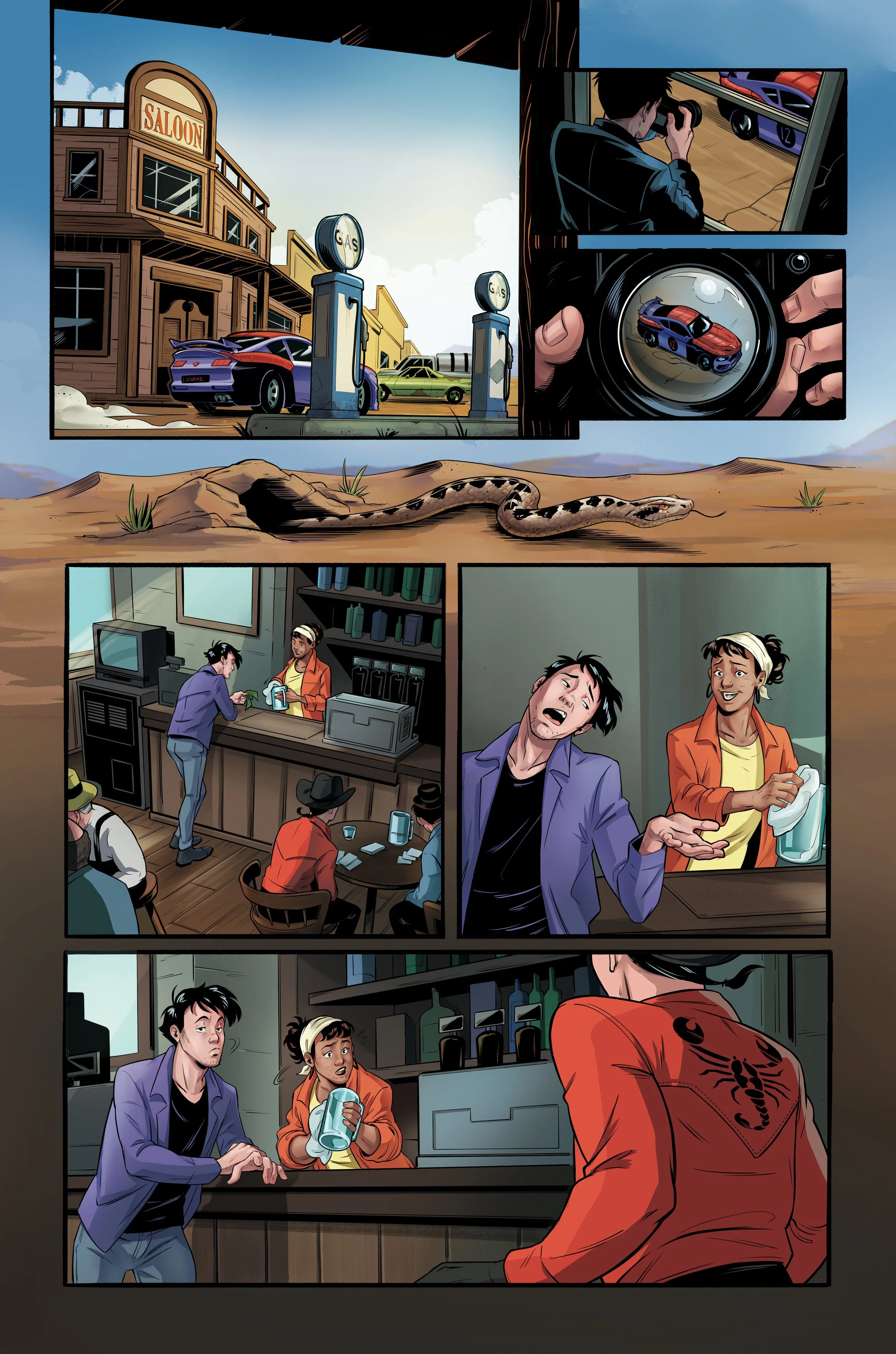 Speed Racer: Tales from the Road-Snake Oiler in High Noon (Mad Cave 2026). Art by Maggie Martinmaas, colors by Jacqueline Glatz