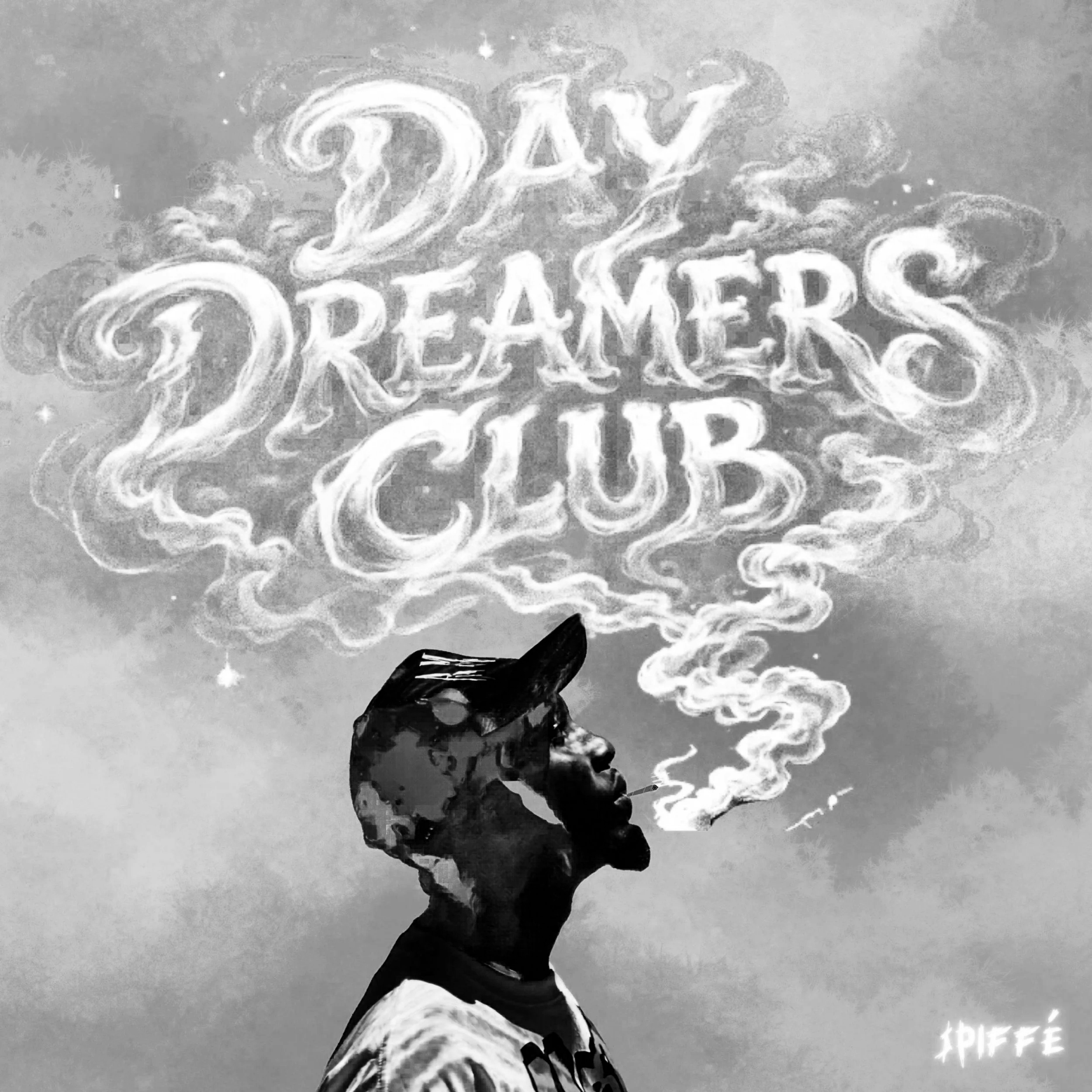 Black and white artwork of a person smoking, with smoke forming the words 'Daydreamers Club' in the sky.