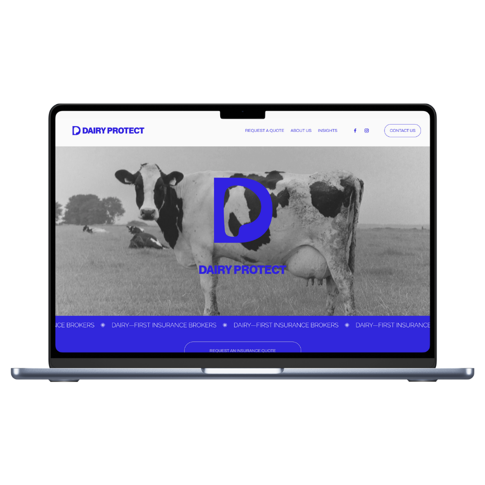A computer screen displaying a website called Dairy Protect, which features a black and white photo of a cow standing in a field. The website's logo includes a large blue letter D, and the menu options are Request a Quote, About Us, Insights, and Contact Us. The bottom menu has text related to insurance brokers.