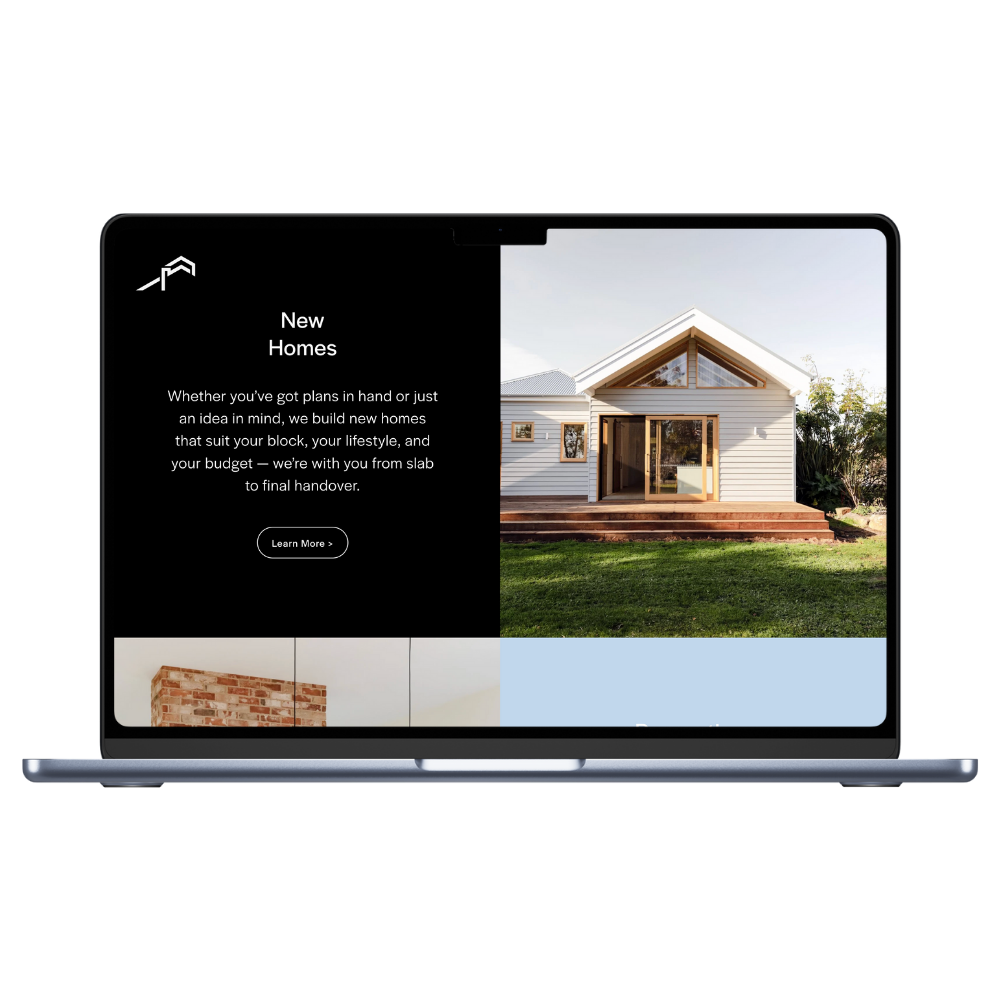 Laptop screen displaying a real estate website with a house image and text about new homes.
