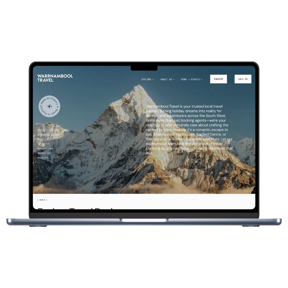 A laptop screen displaying a travel website called Warrnambool Travel, with a background image of a snow-capped mountain and a protected mountain summit, with navigation menu and contact buttons.