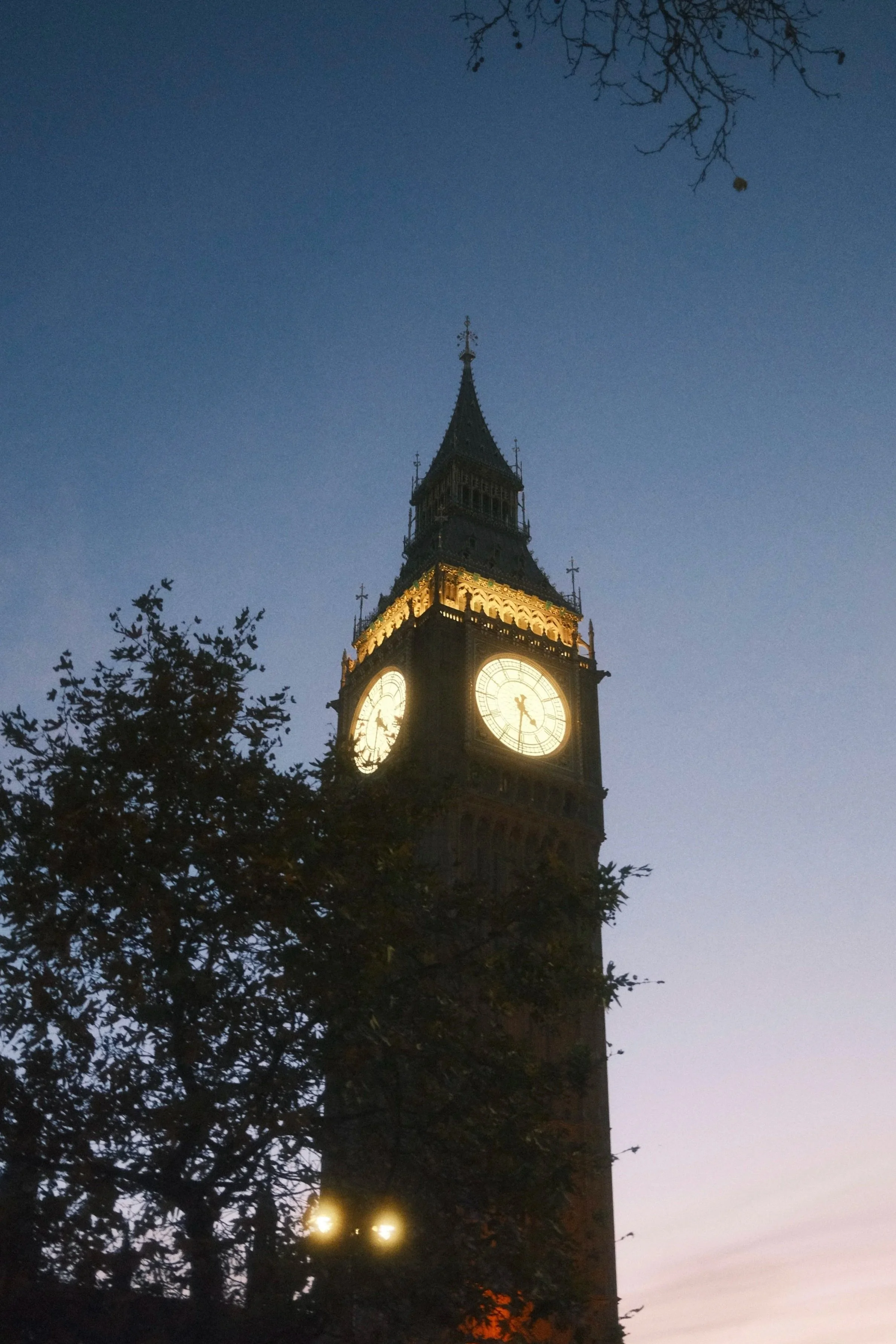 Nighttime view of Big Ben clock tower in London with illuminated clock faces, surrounded by trees with bare branches, and a dark blue sky in the background.