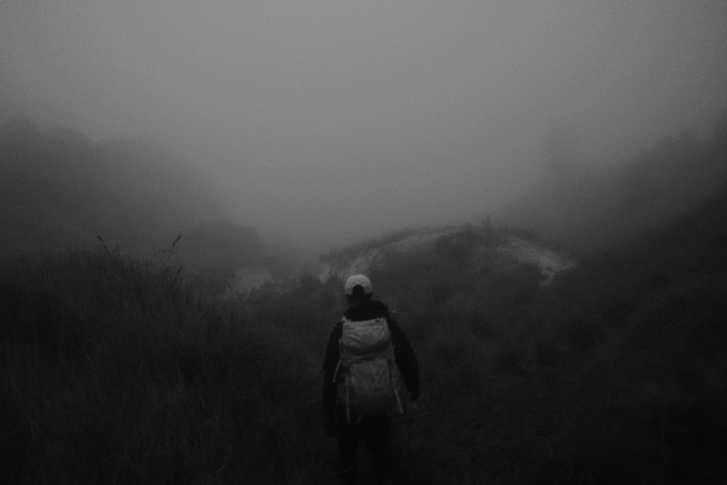A person standing on a grassy hill during a foggy day, facing away from the camera and looking towards a fog-covered mountain landscape.