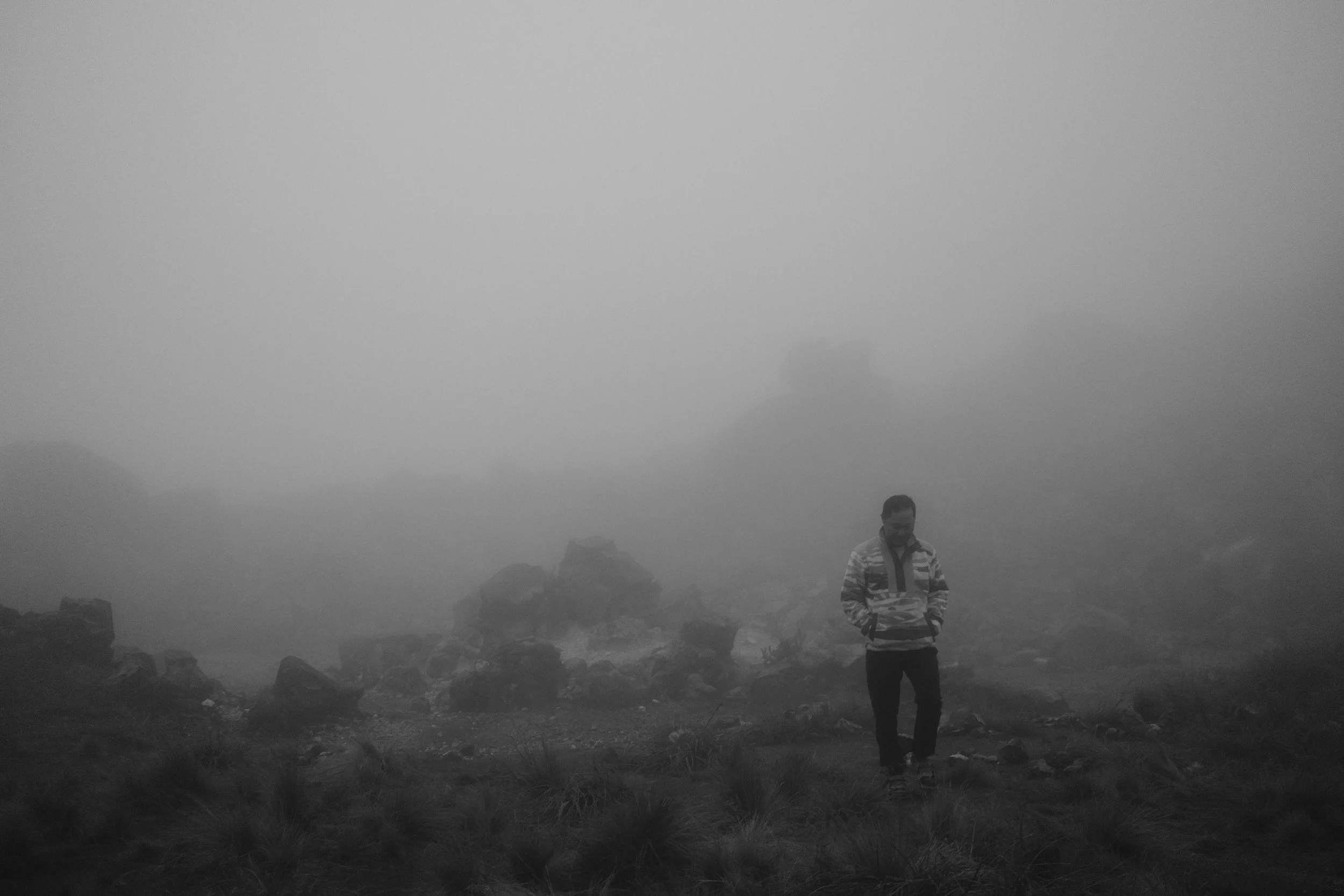 A person in a striped jacket walking in a foggy landscape with rocks and sparse vegetation.