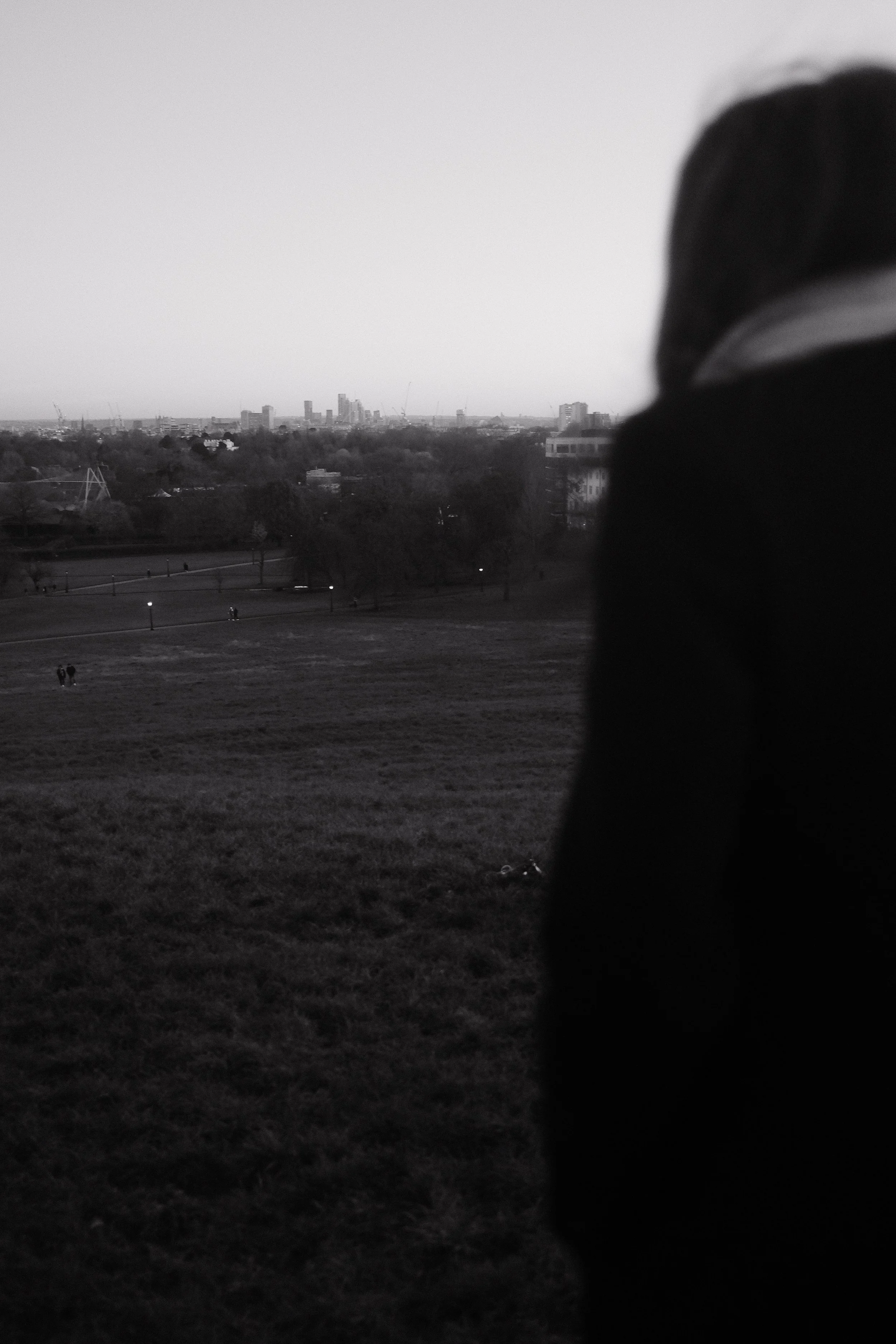 Black and white photo of a person with dark hair and a jacket looking over a city skyline with trees and a park in the foreground.