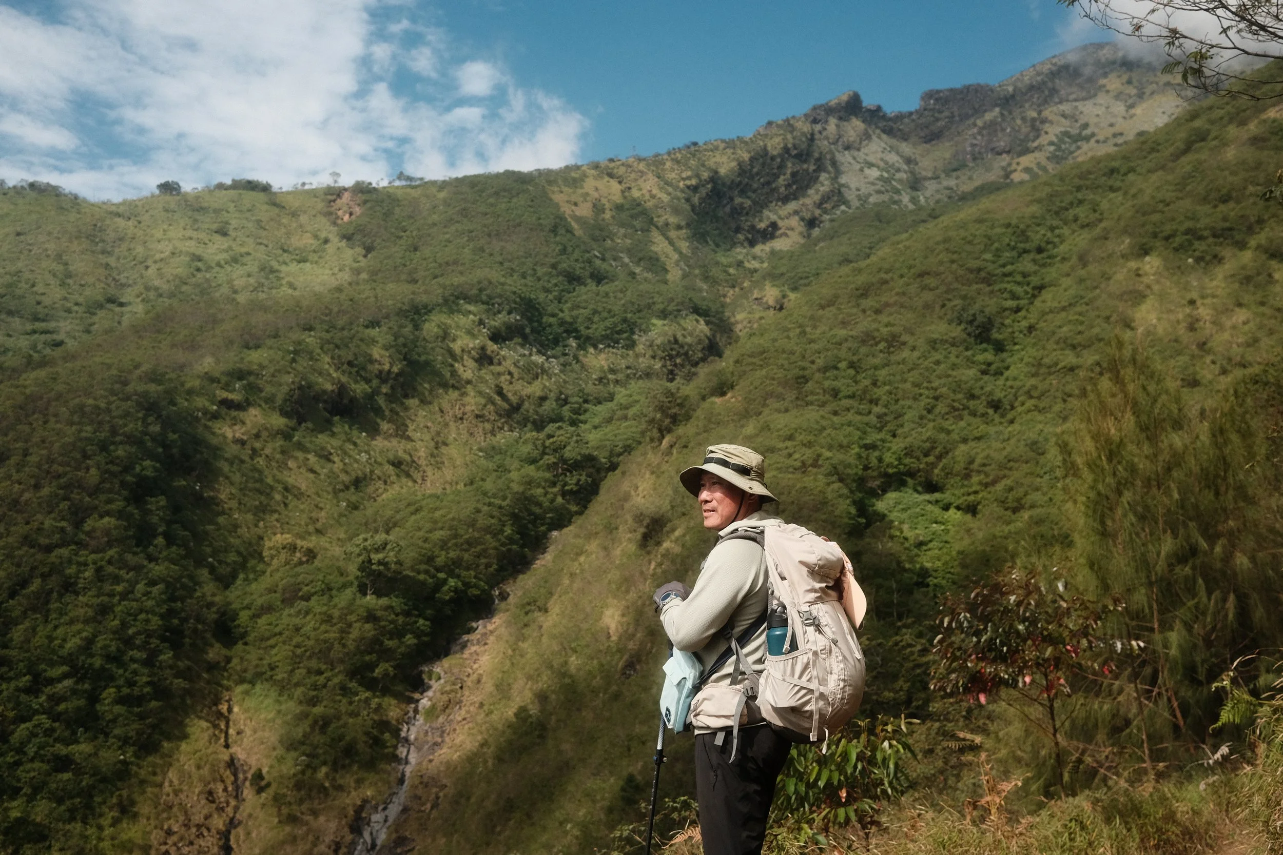A hiker wearing a hat and backpack standing in a lush green mountainous landscape with a blue sky and some clouds.