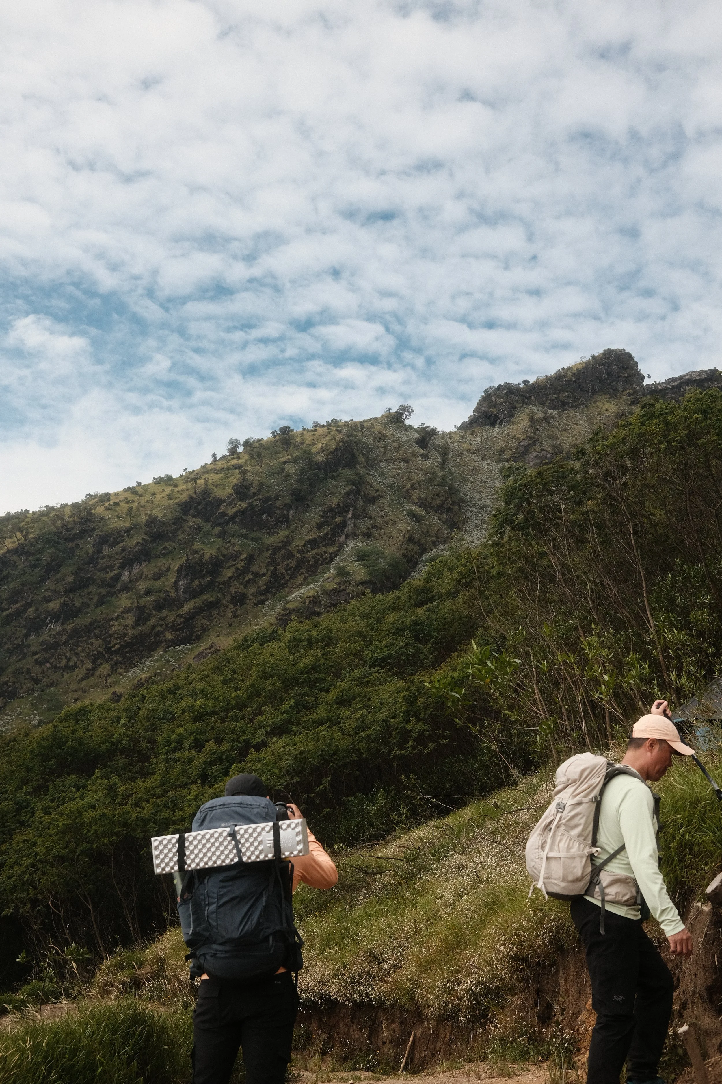 Hikers walking along a mountain trail surrounded by green foliage, with a cloudy sky overhead.