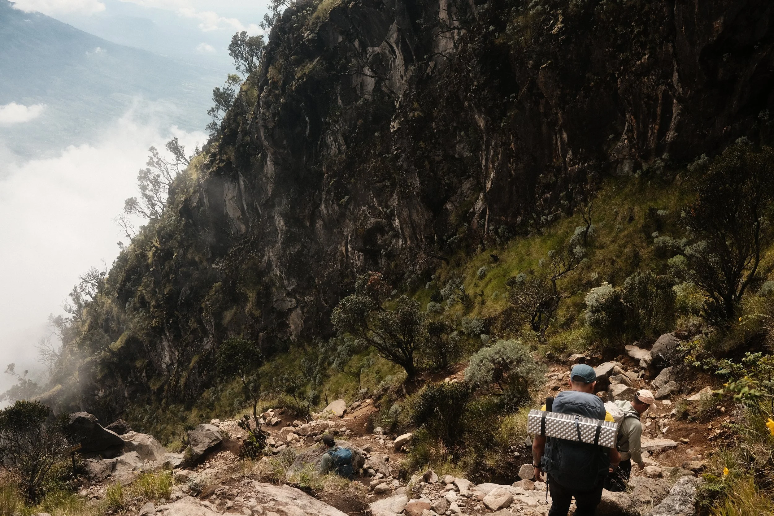 Group of hikers trekking on a rocky mountain trail with lush green trees and steep rocky cliffs in the background.