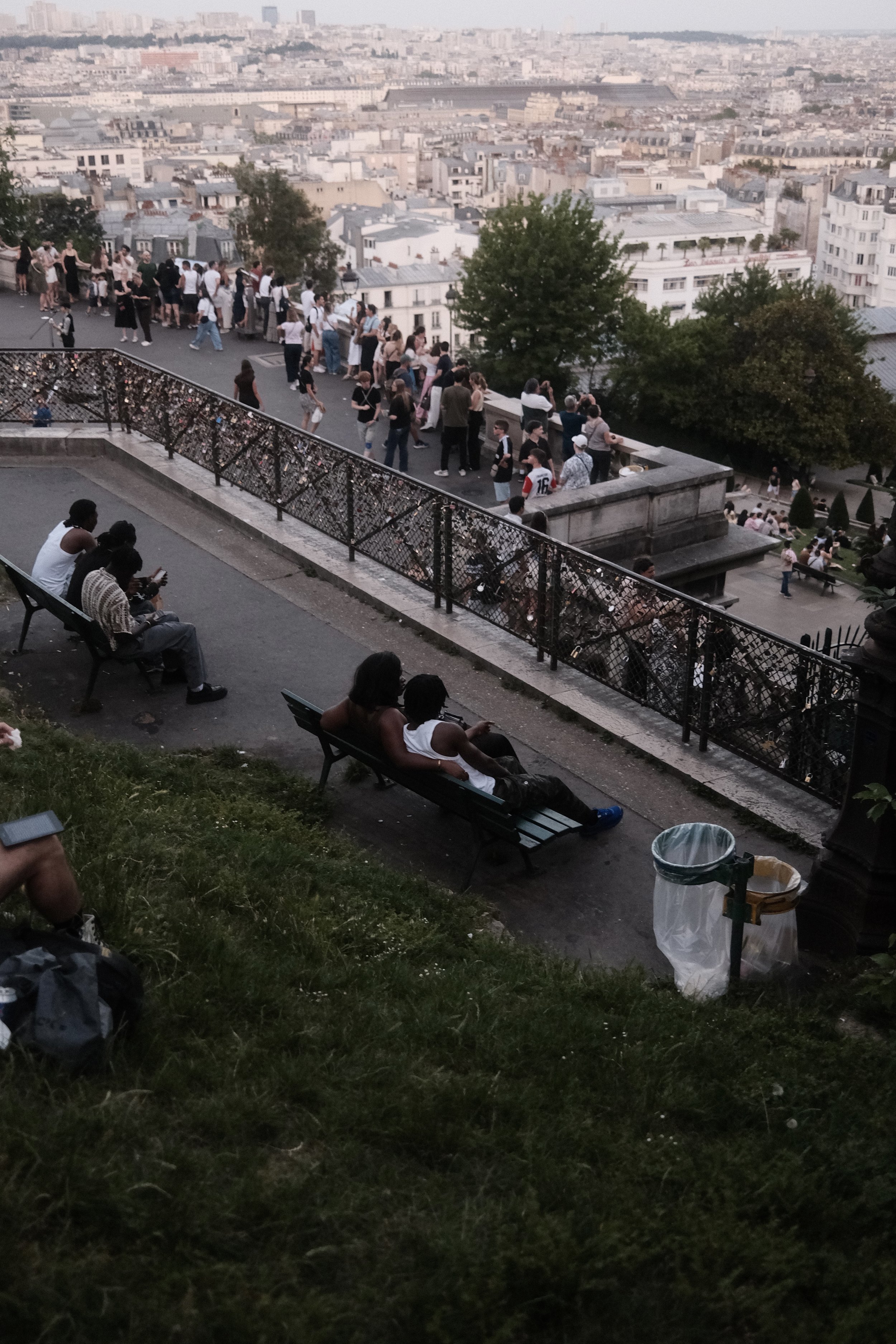 People sitting on benches and walking on a path in a park, with a view of a city skyline in the background.