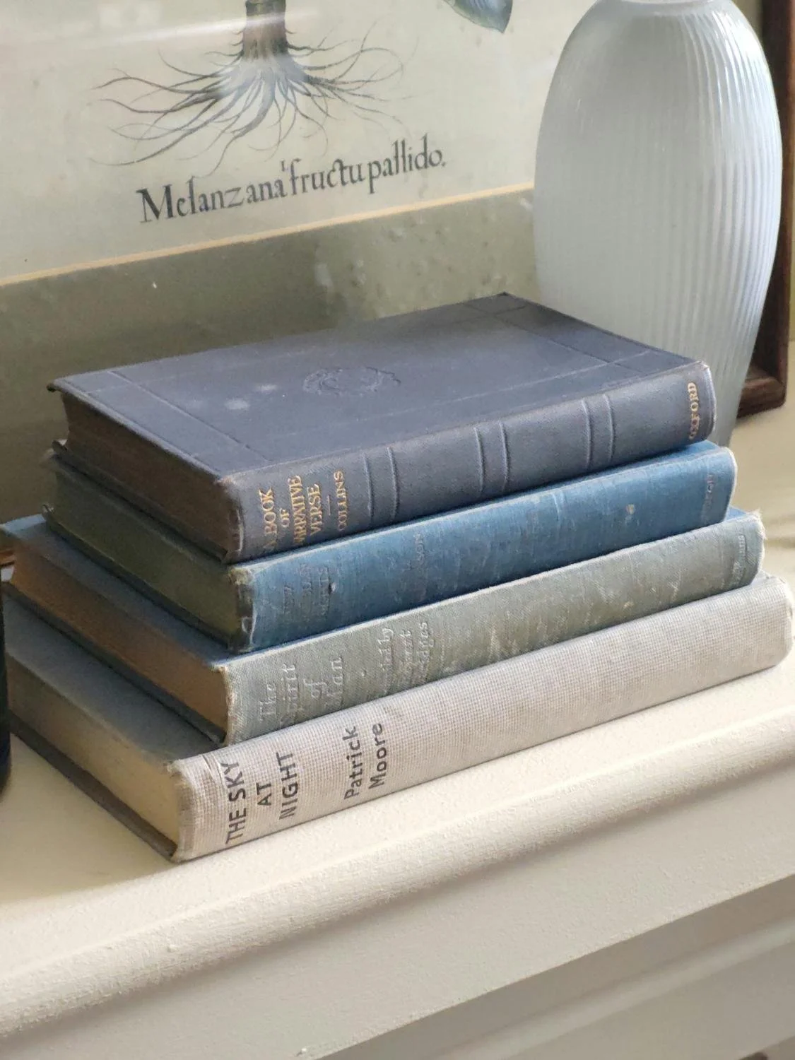 Stack of five vintage hardcover books on a shelf with a poster in the background depicting a tree root system and the text 'Mélanzana fractura púidico'.