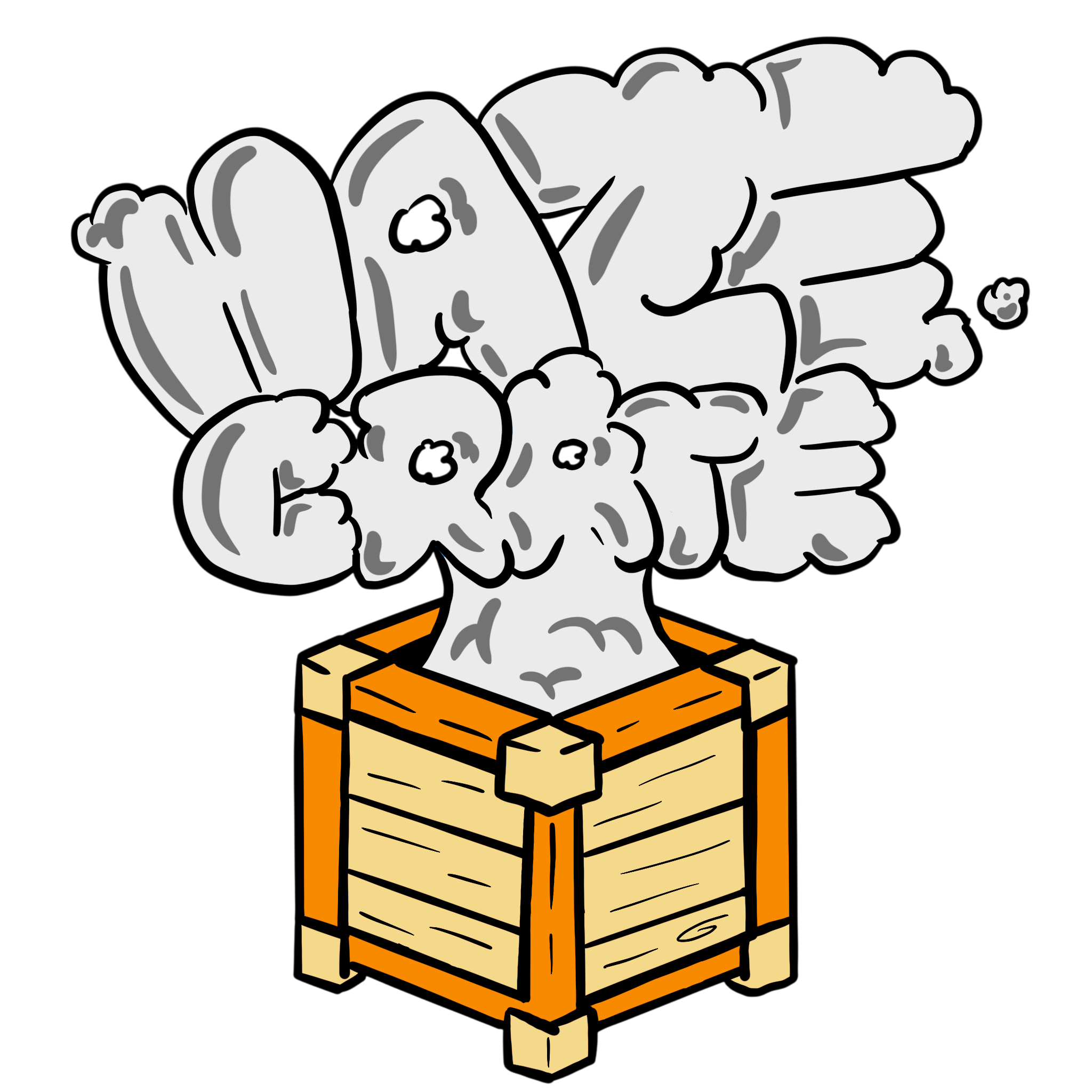 A cartoon drawing of a wooden crate shooting out haze. The cloud reads, "HazeCrate"