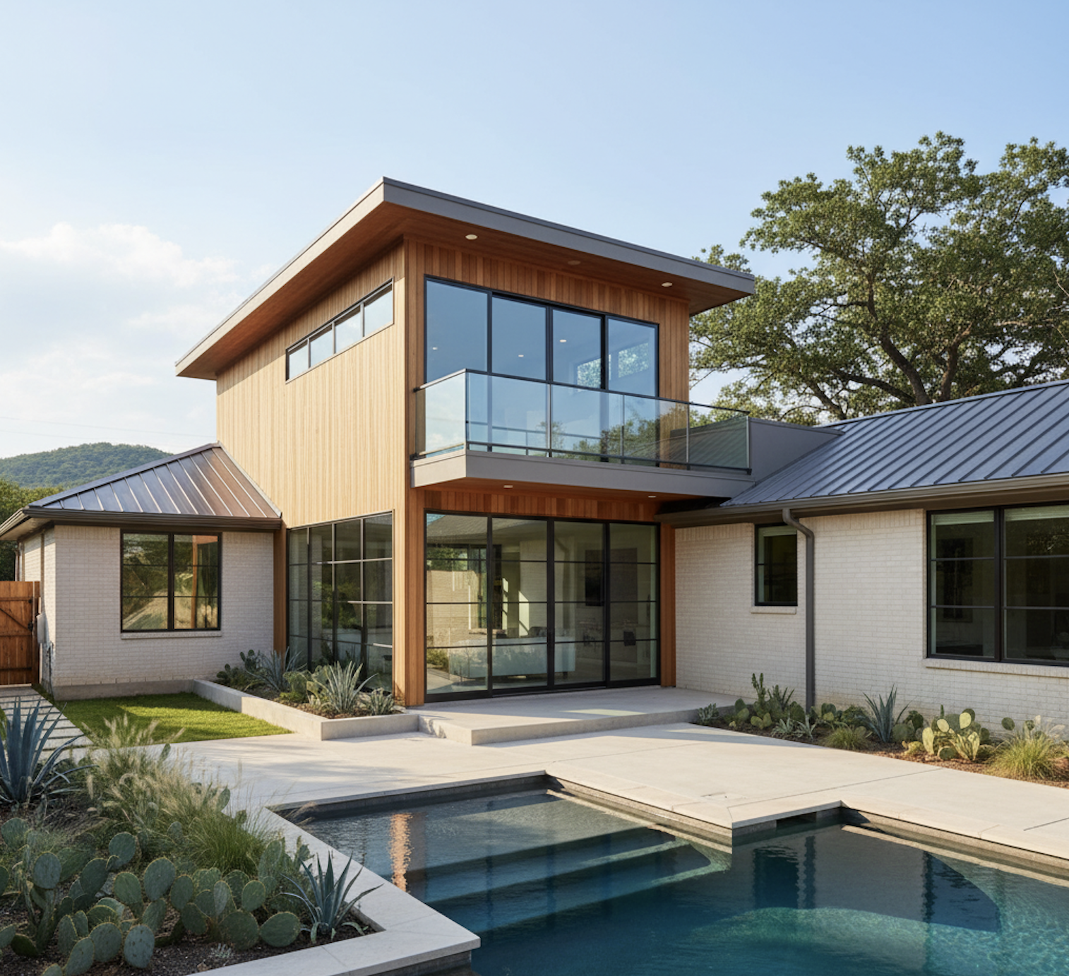 Modern two-story house with large glass windows and a small backyard pool, surrounded by desert plants and a tree, under a clear blue sky.