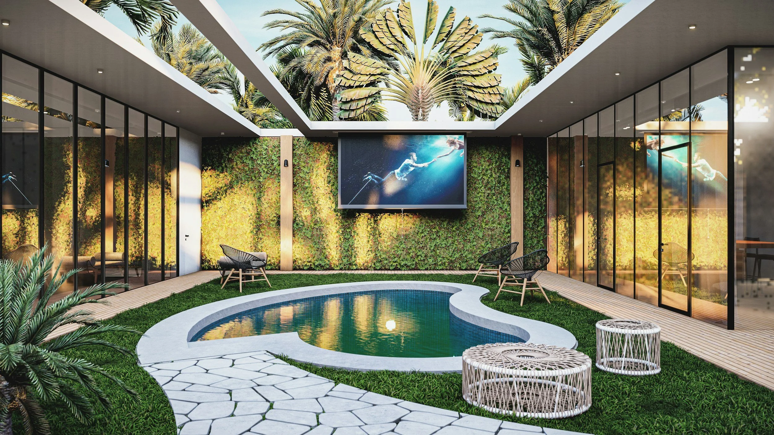 Indoor backyard with a kidney-shaped pool, surrounded by grass, a stone pathway, and wicker chairs. The walls are glass with a lush green vertical garden behind the pool, and the ceiling features a large opening with palm trees visible above. A digit