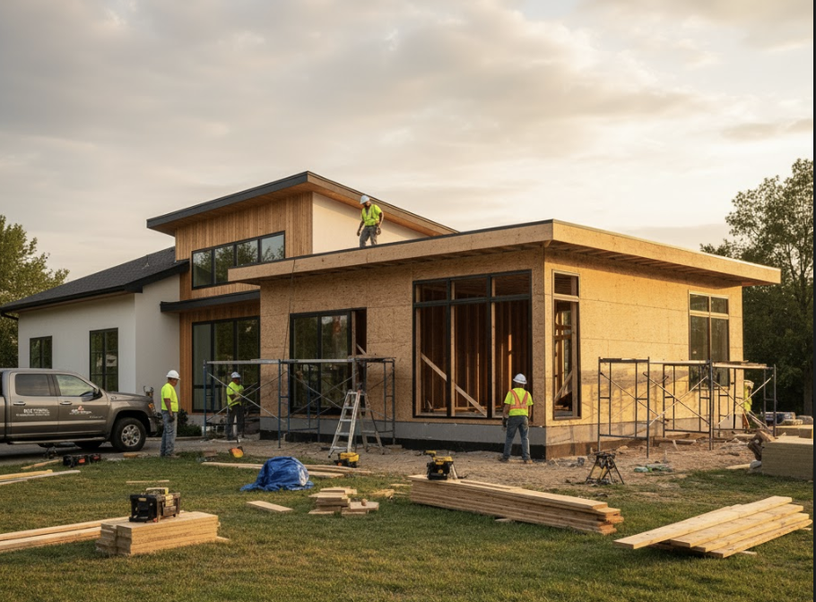Construction workers building a modern house with wood and large windows, some on the roof, scaffolding around the house, a pickup truck parked nearby, and construction materials on the ground.
