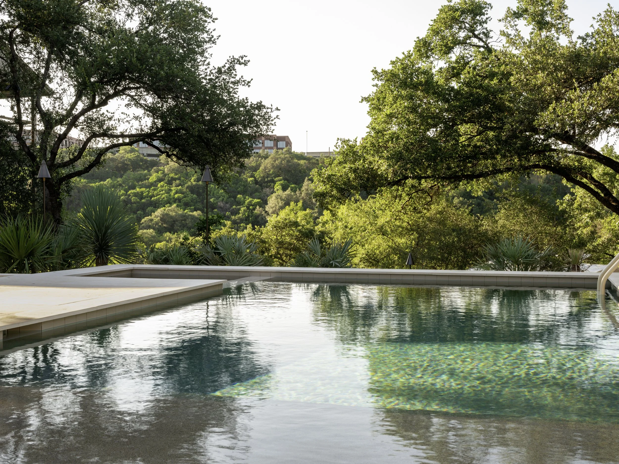 A swimming pool surrounded by lush green trees and plants, with a hill and building in the background.