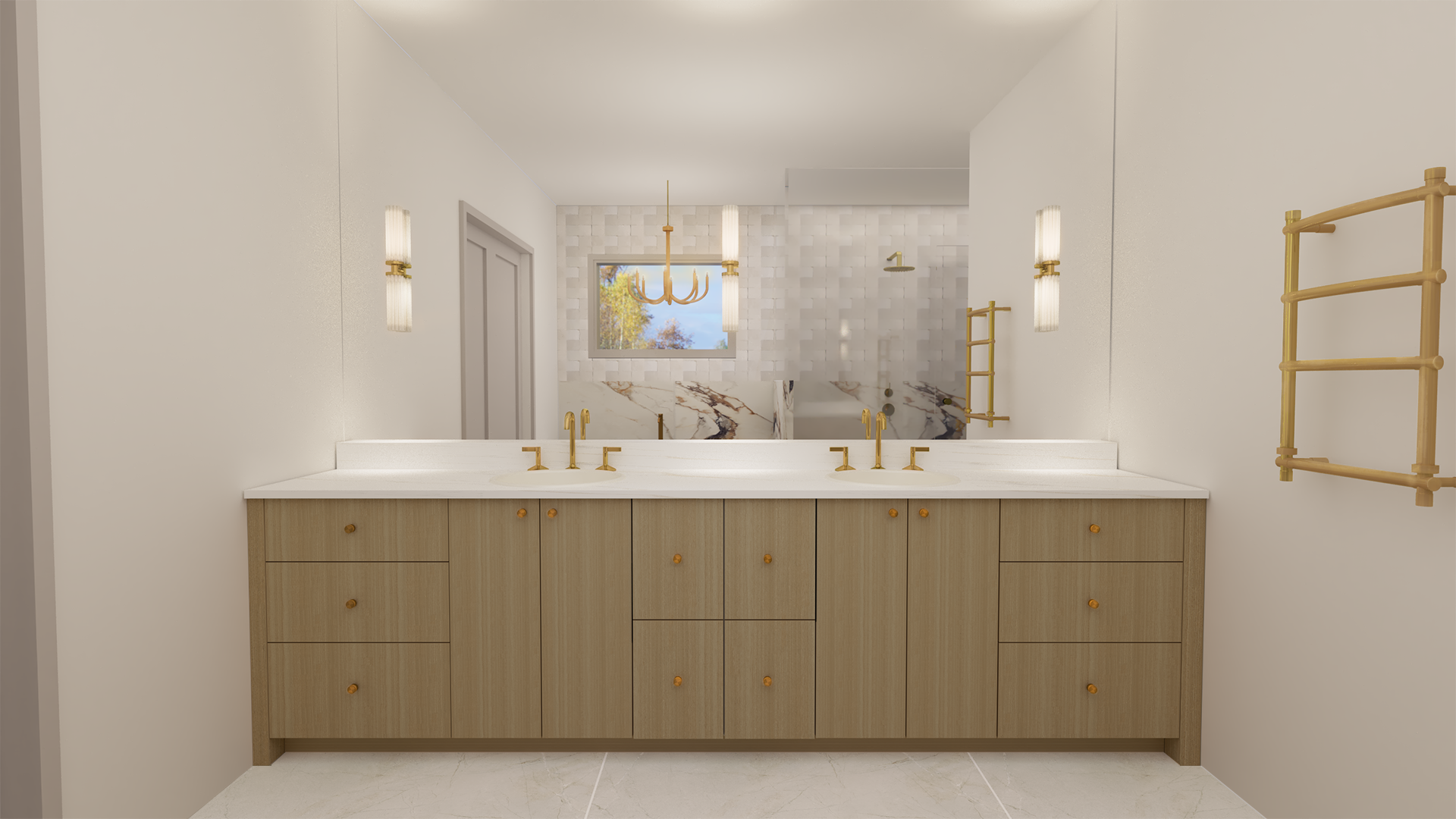 Modern bathroom vanity with dual sinks, gold fixtures, light wood cabinets, a marble countertop, and a large mirror. The background shows a patterned wall, window, and bathroom fixtures like a shower and heated towel racks.