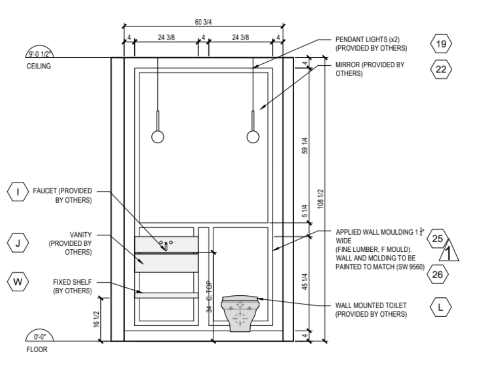 Architectural drawing of a bathroom layout including a ceiling, two pendant lights, a mirror, a faucet, a vanity, fixed shelves, a wall-mounted toilet, and wall moldings, with detailed measurements.