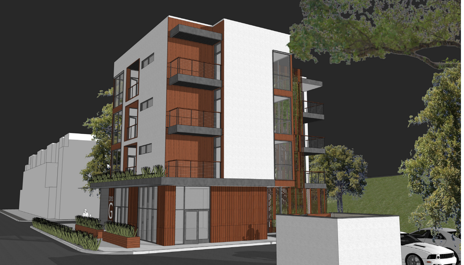 Architecturally driven 13-unit mixed-use condominium with sculpted balconies and ground-floor commercial space, minutes from downtown Austin