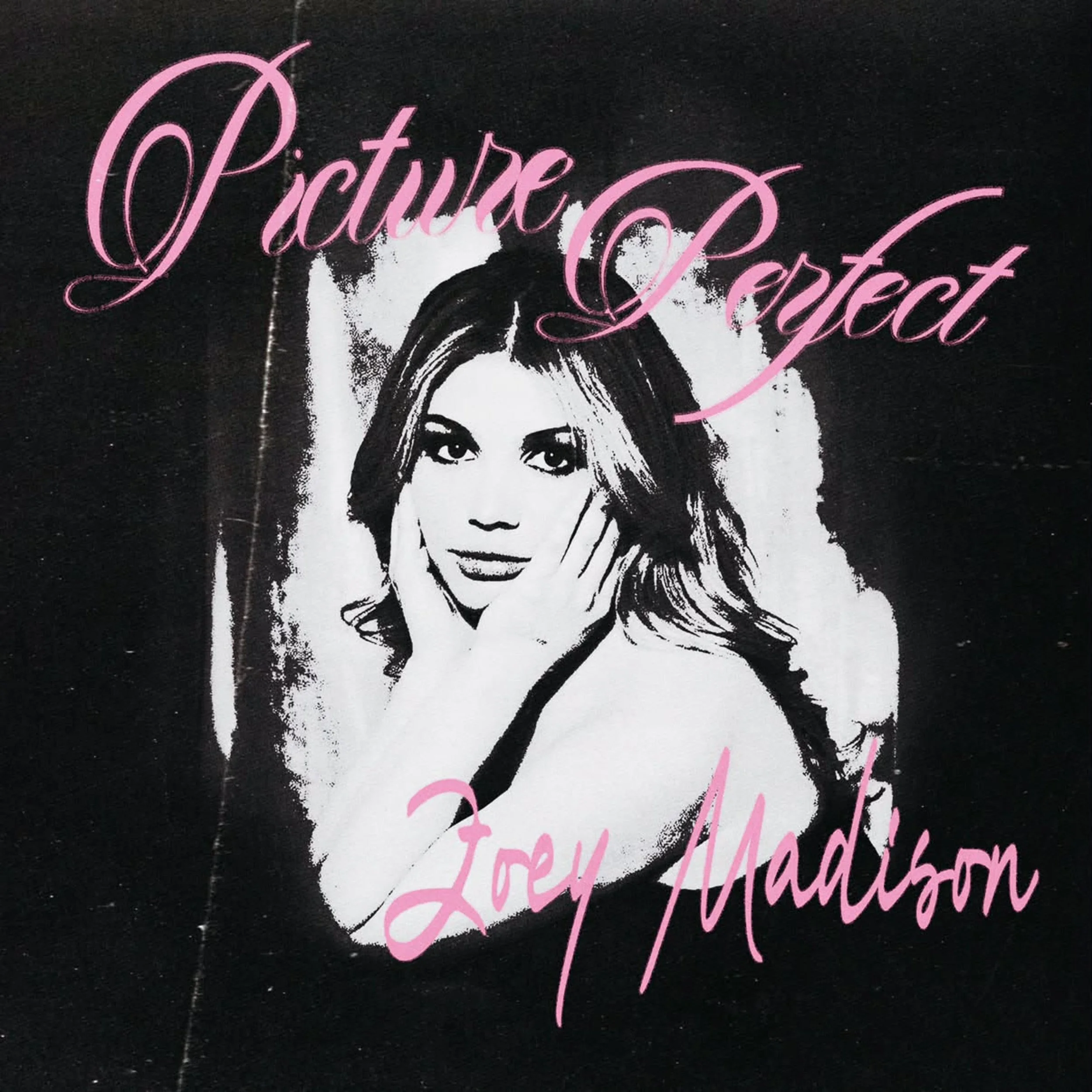 Zoey Madison "Picture Perfect" single cover art, black and white portrait with pink script lettering