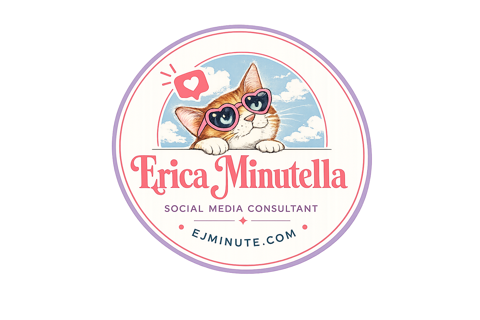 Erica Minutella Social Media Consultant logo features an orange tabby cat wearing pink vintage glasses