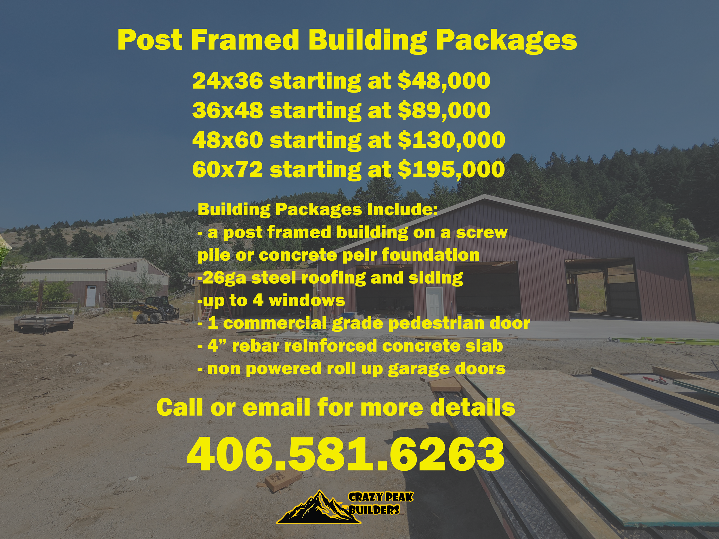 An advertisement for Post Framed Building Packages with pricing and details, overlaid on a construction site background, featuring a post framed building, mountains, and construction equipment.