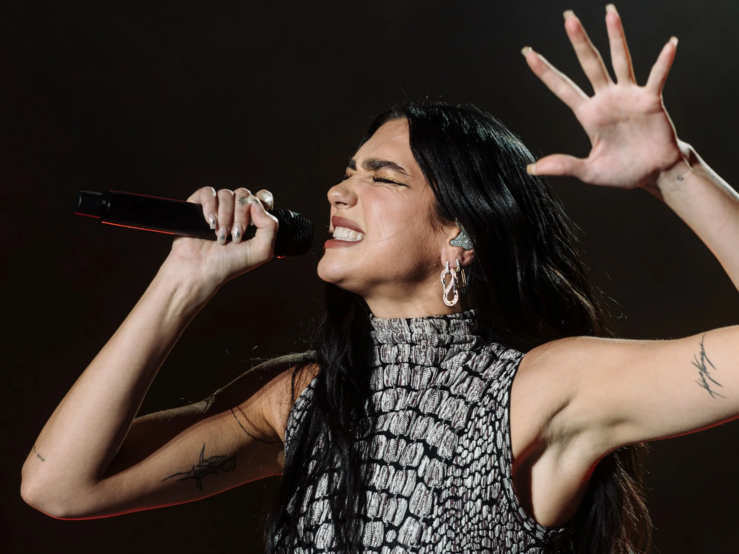 Female singer performing on stage with a microphone, eyes closed and one hand raised.