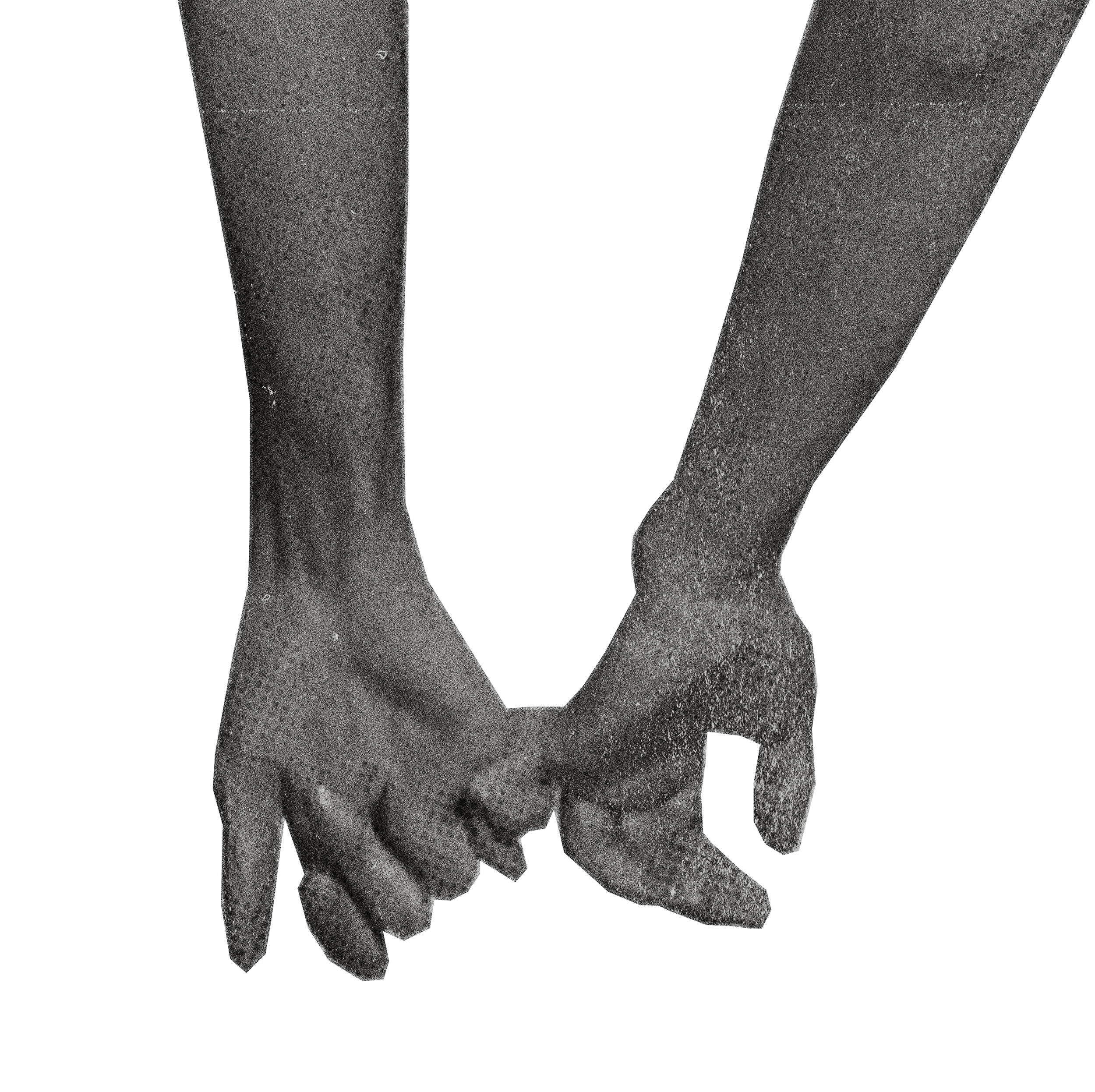 Close-up of two hands holding each other, with a textured, dotted overlay effect, against a black background.