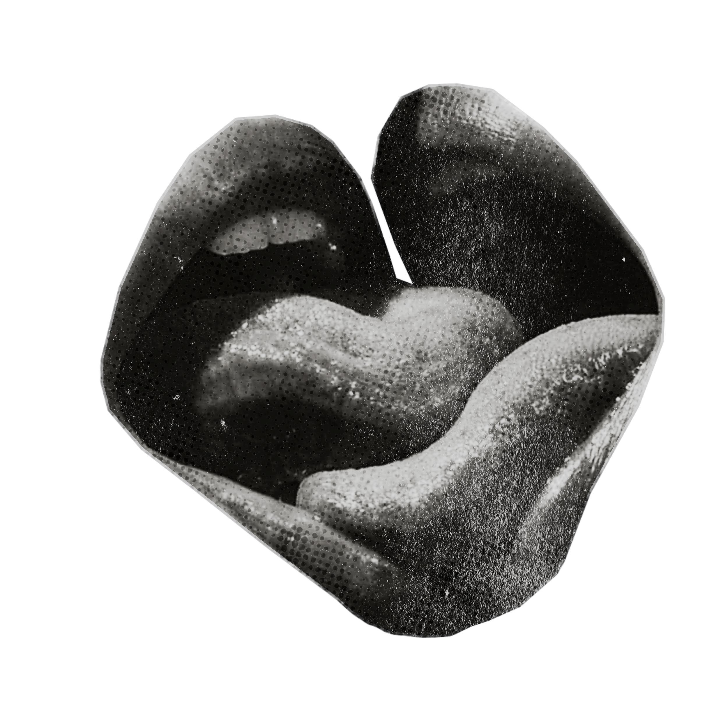 A heart shape made from black and white film imagery of a person blowing a bubble with bubblegum.