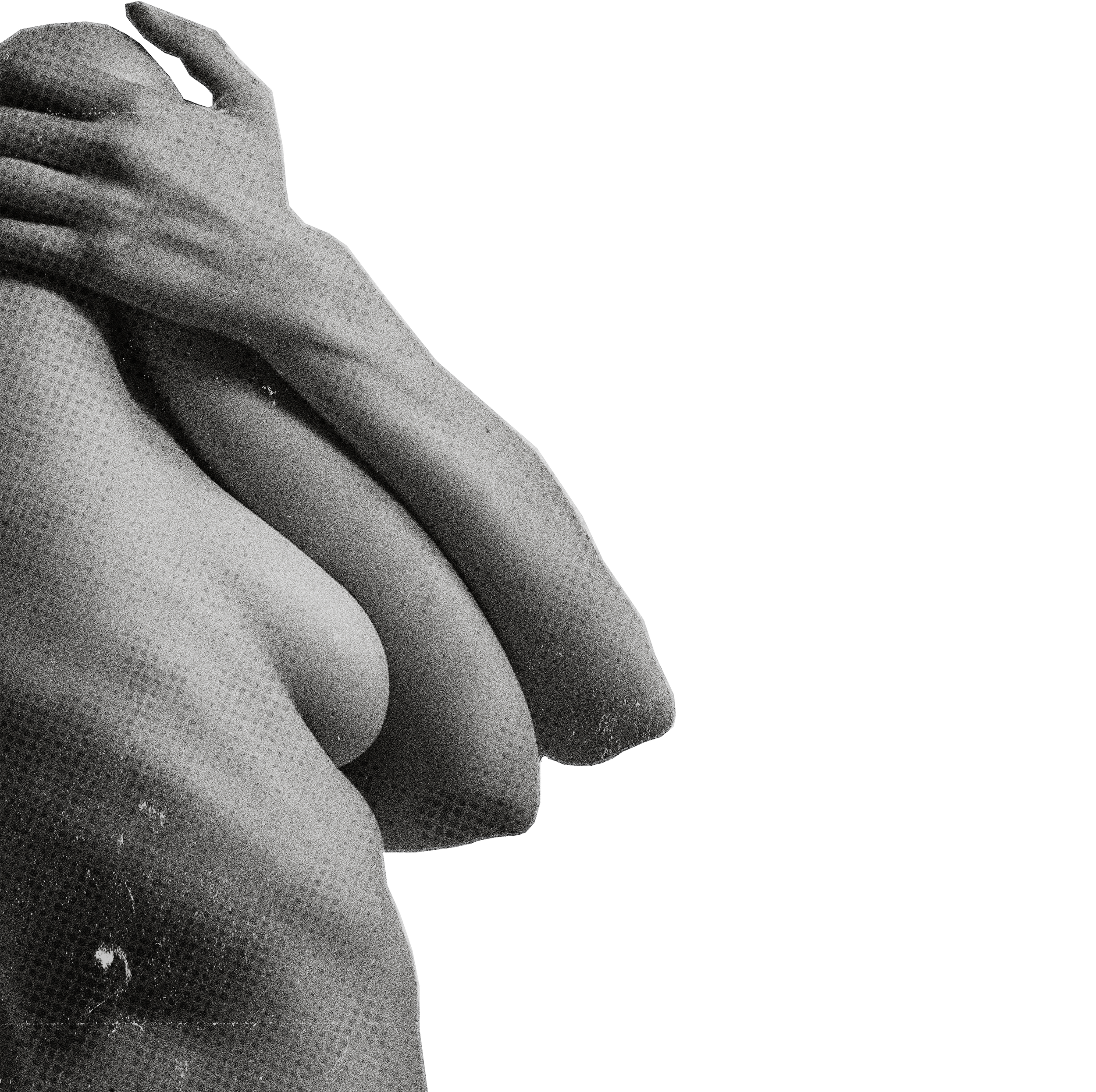 Close-up of a person's face in black and white, with their hand covering part of their face, against a dark background.