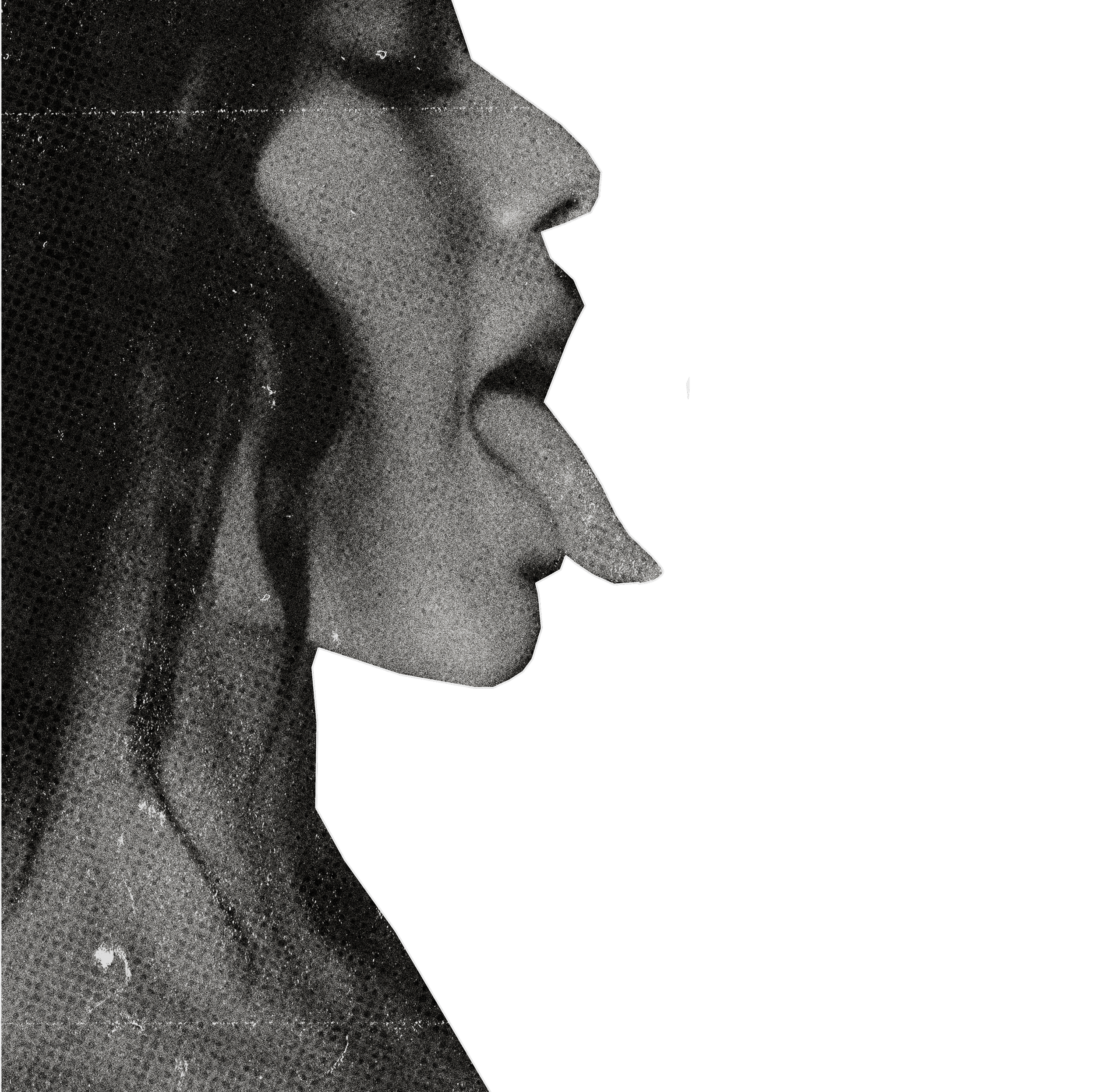 A black and white photo of a woman's profile with her tongue sticking out, surrounded by a textured dotted pattern.