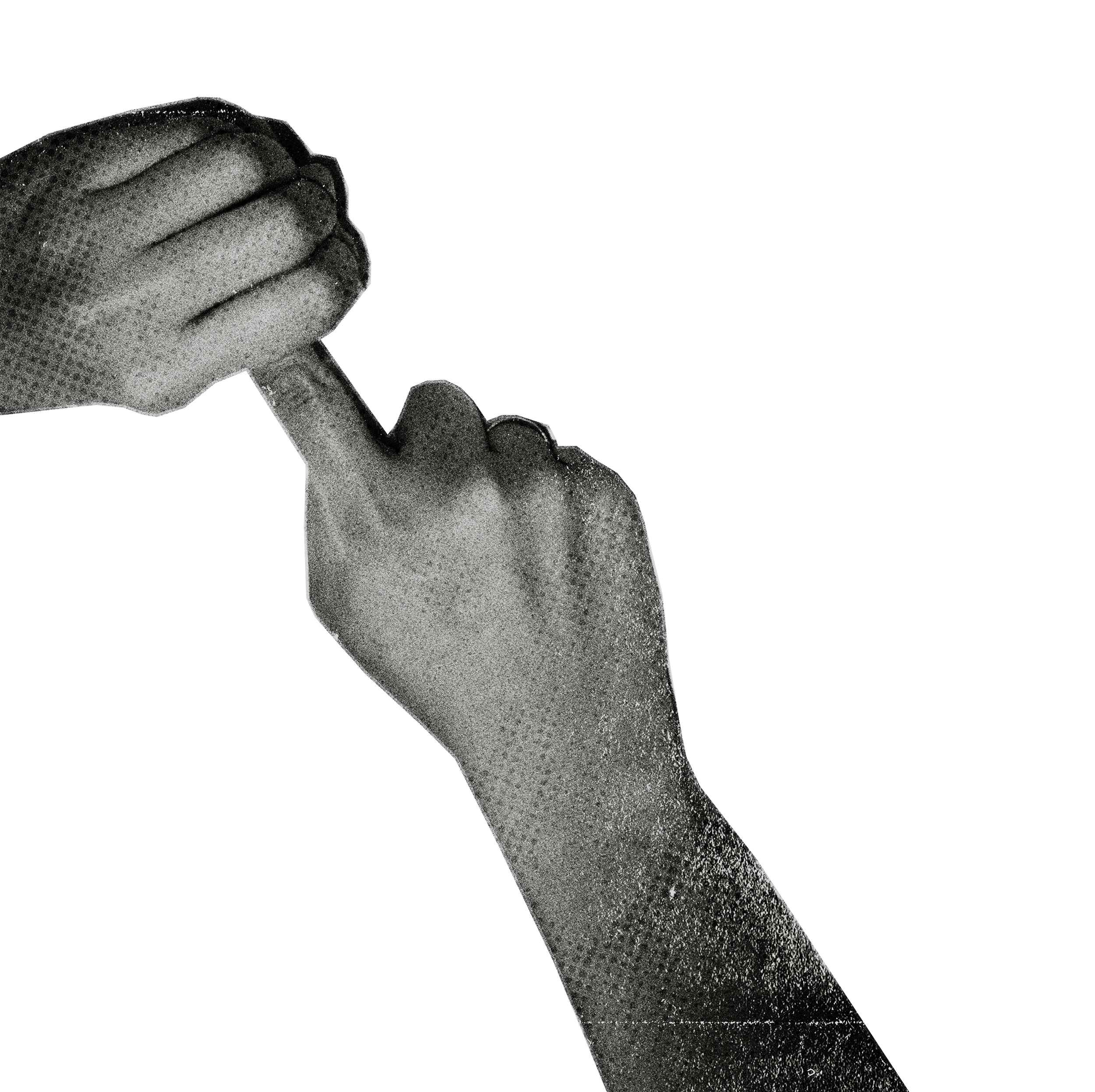 A hand wearing a glove pointing upward against a black background.
